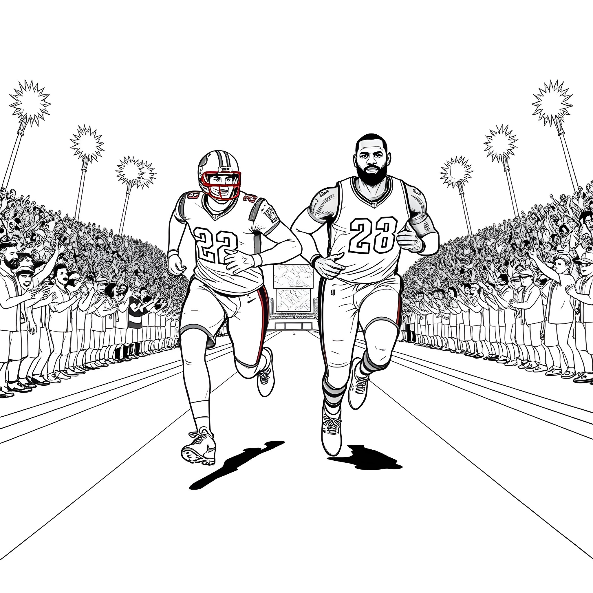 Tom Brady and Running Back Celebrating on Field Coloring Page (free black-and-white line drawing printable PDF for all, from beginners to advanced learners, including children, teens, adults, and seniors)