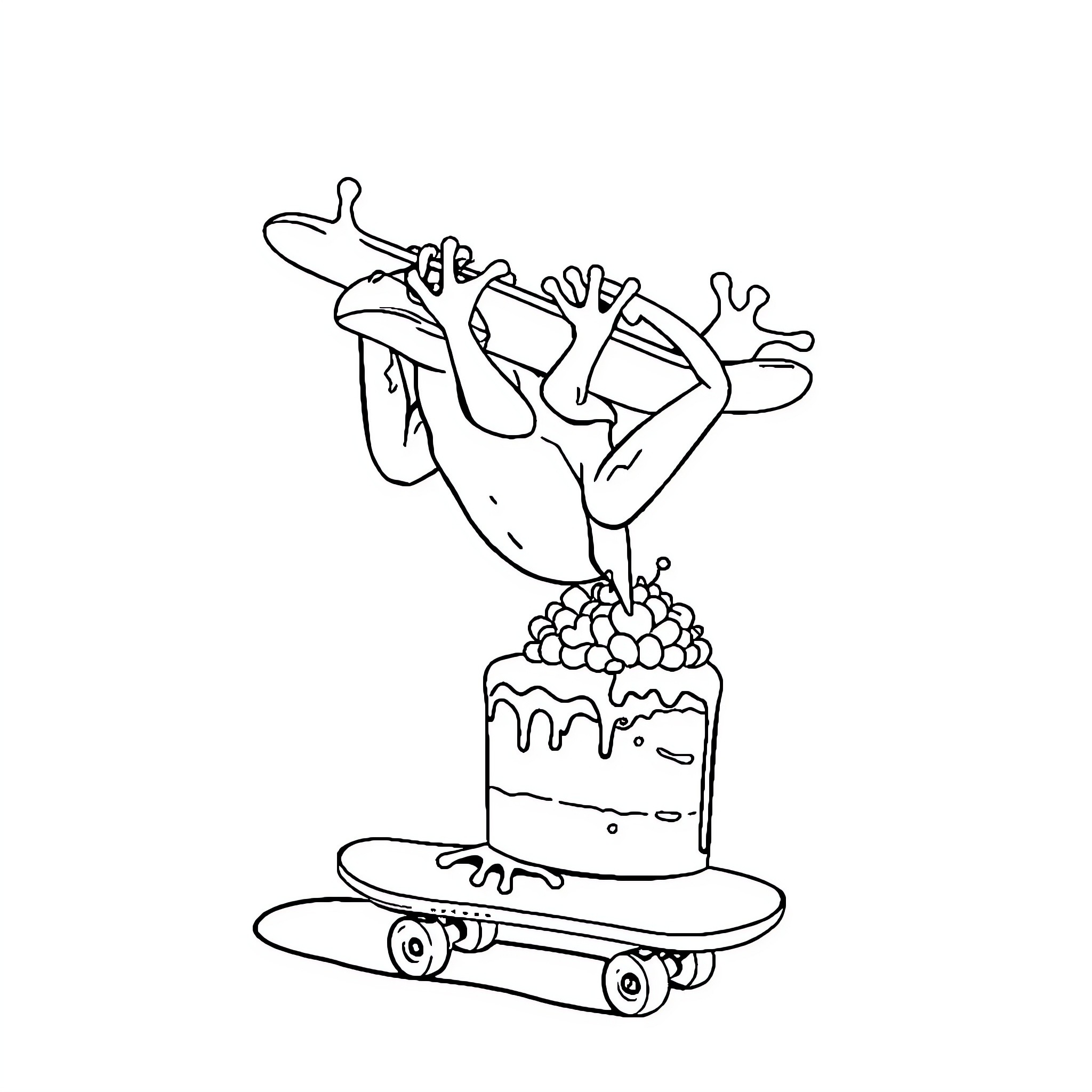 Frog doing skateboard tricks on decorated cake Coloring Page (free black-and-white line drawing printable PDF for all, from beginners to advanced learners, including children, teens, adults, and seniors)