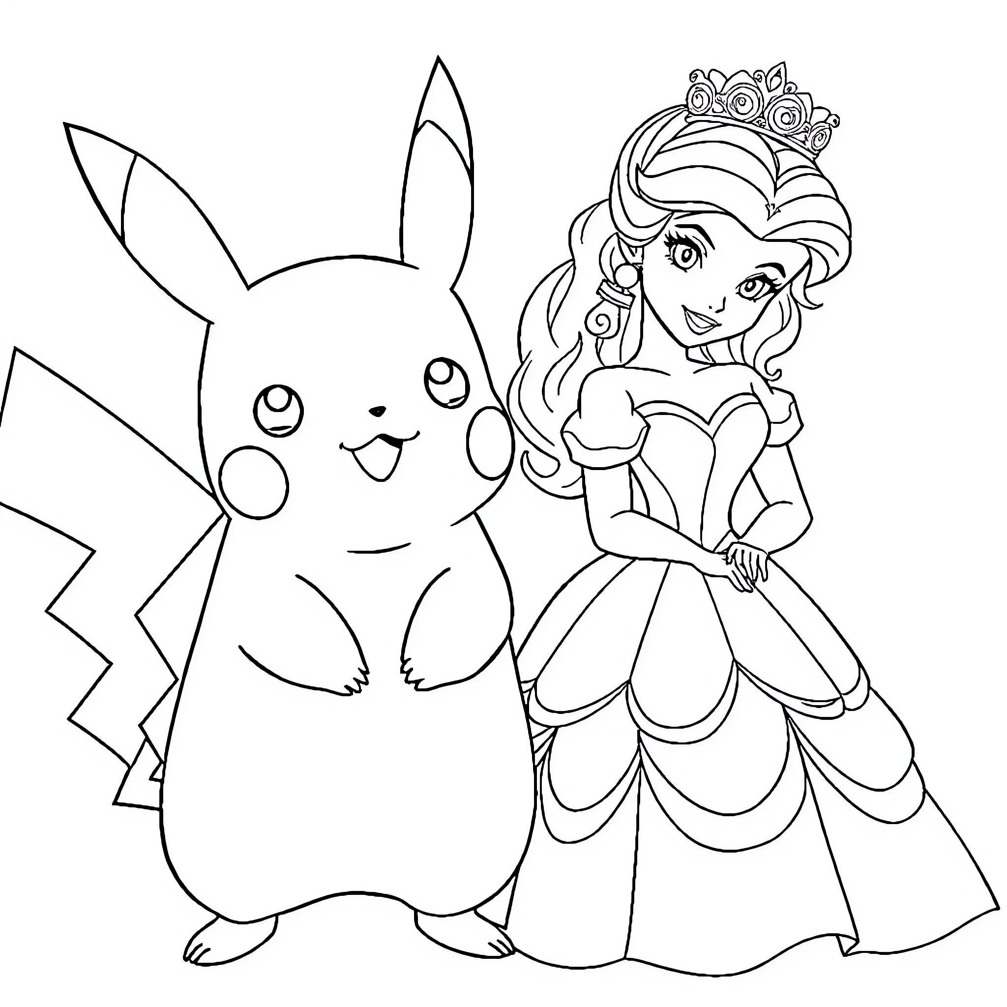 Pikachu and princess in a fairy tale scene Coloring Page (free black-and-white line drawing printable PDF for all, from beginners to advanced learners, including children, teens, adults, and seniors)