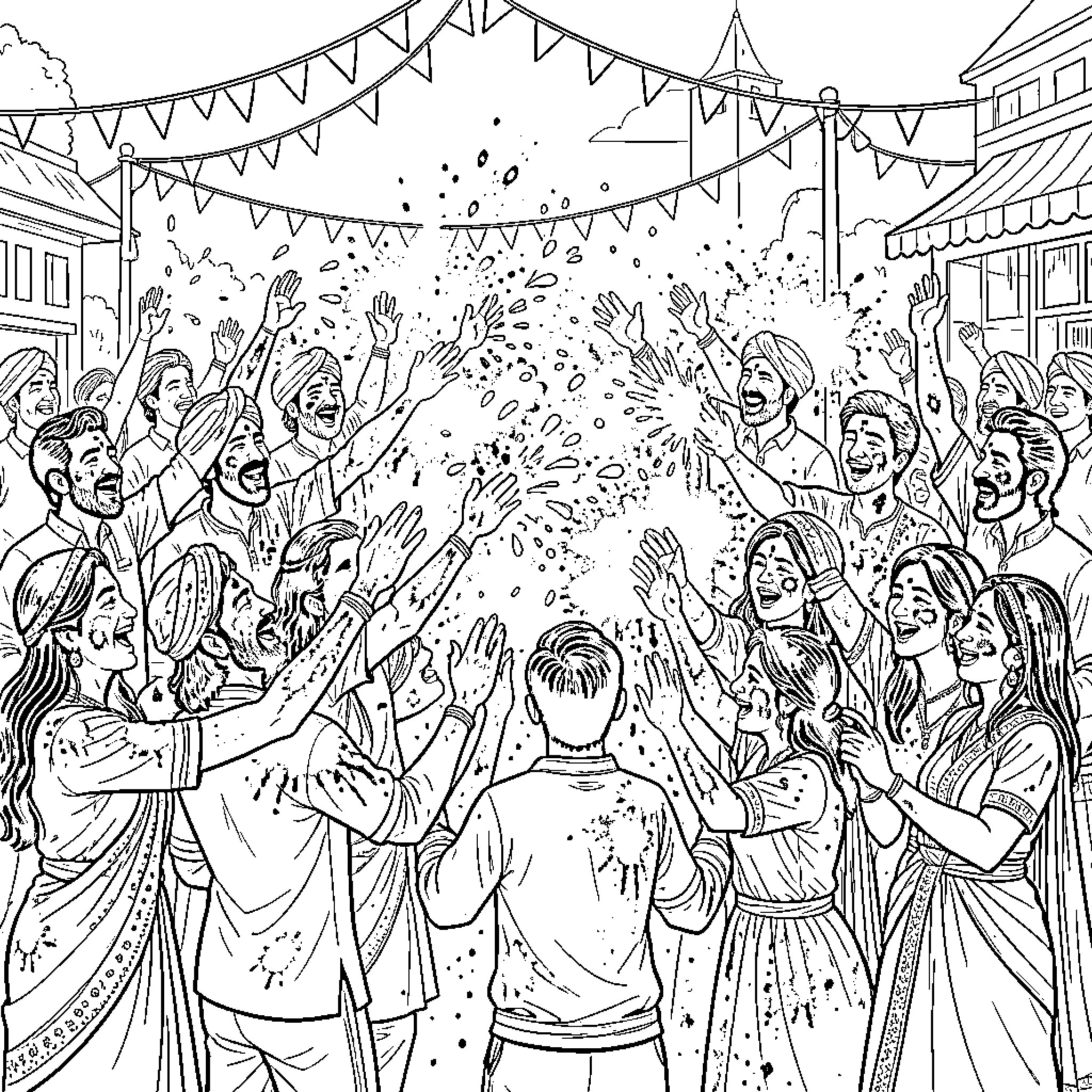 Holi Celebration with Joyful Gathering Coloring Page (free black-and-white line drawing printable PDF for all, from beginners to advanced learners, including children, teens, adults, and seniors)