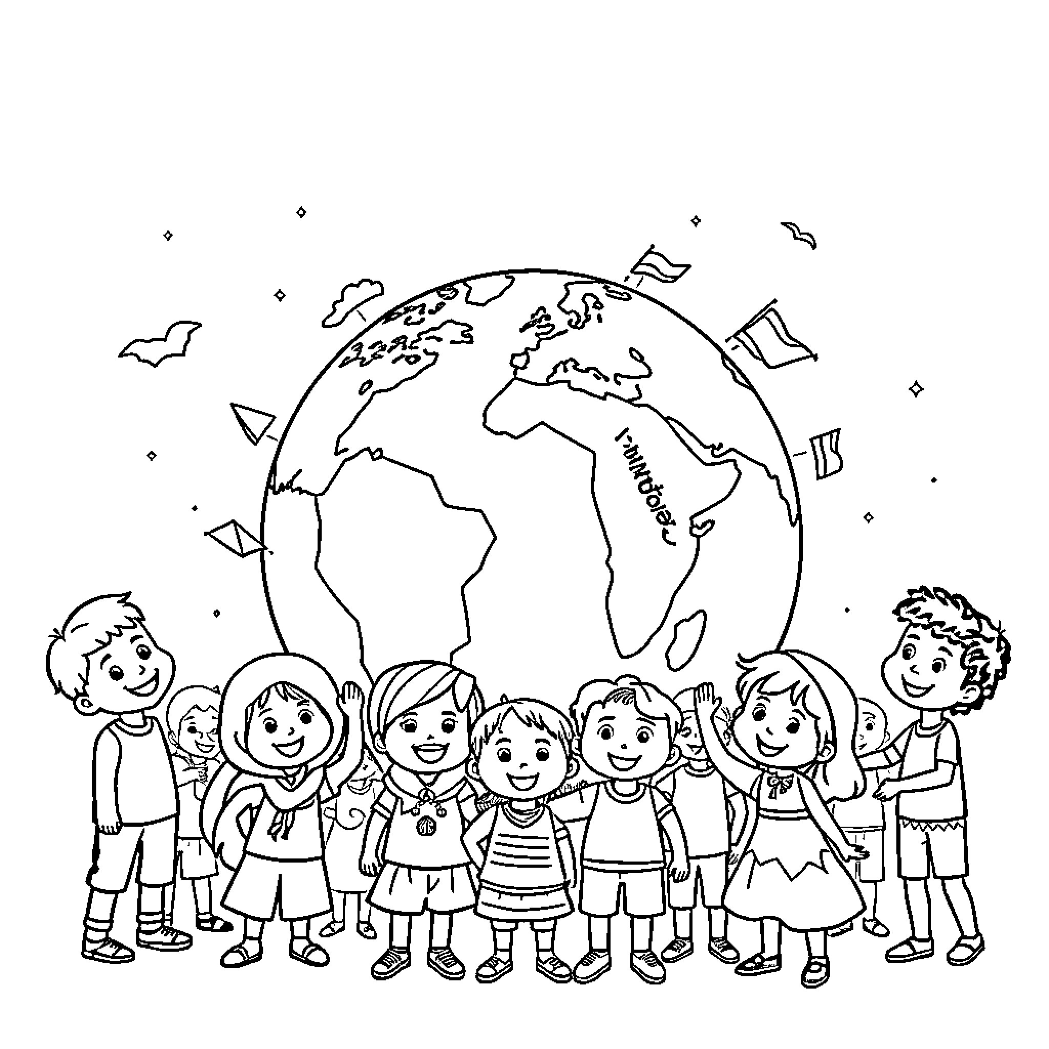 Globe of children exploring the world together Coloring Page (free black-and-white line drawing printable PDF for all, from beginners to advanced learners, including children, teens, adults, and seniors)