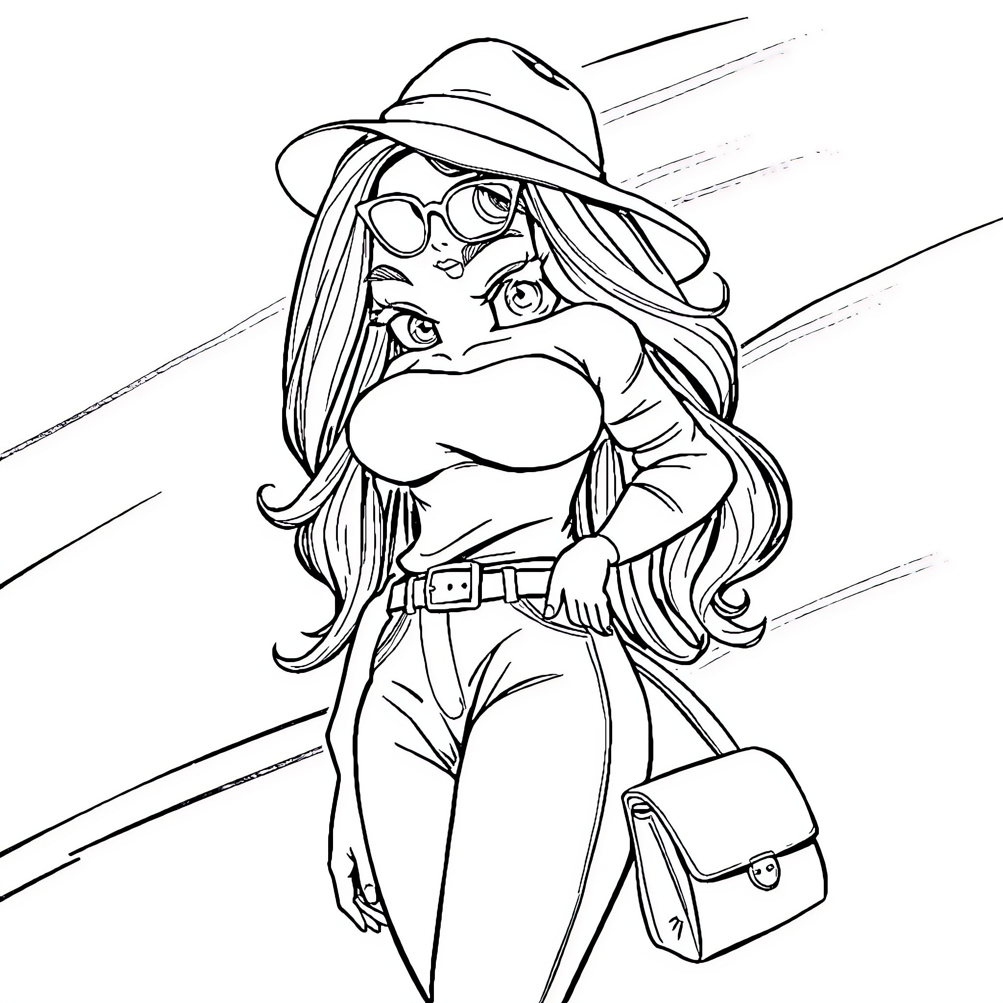 Girl in stylish outfit and sunglasses with determined expression Coloring Page (free black-and-white line drawing printable PDF for all, from beginners to advanced learners, including children, teens, adults, and seniors)