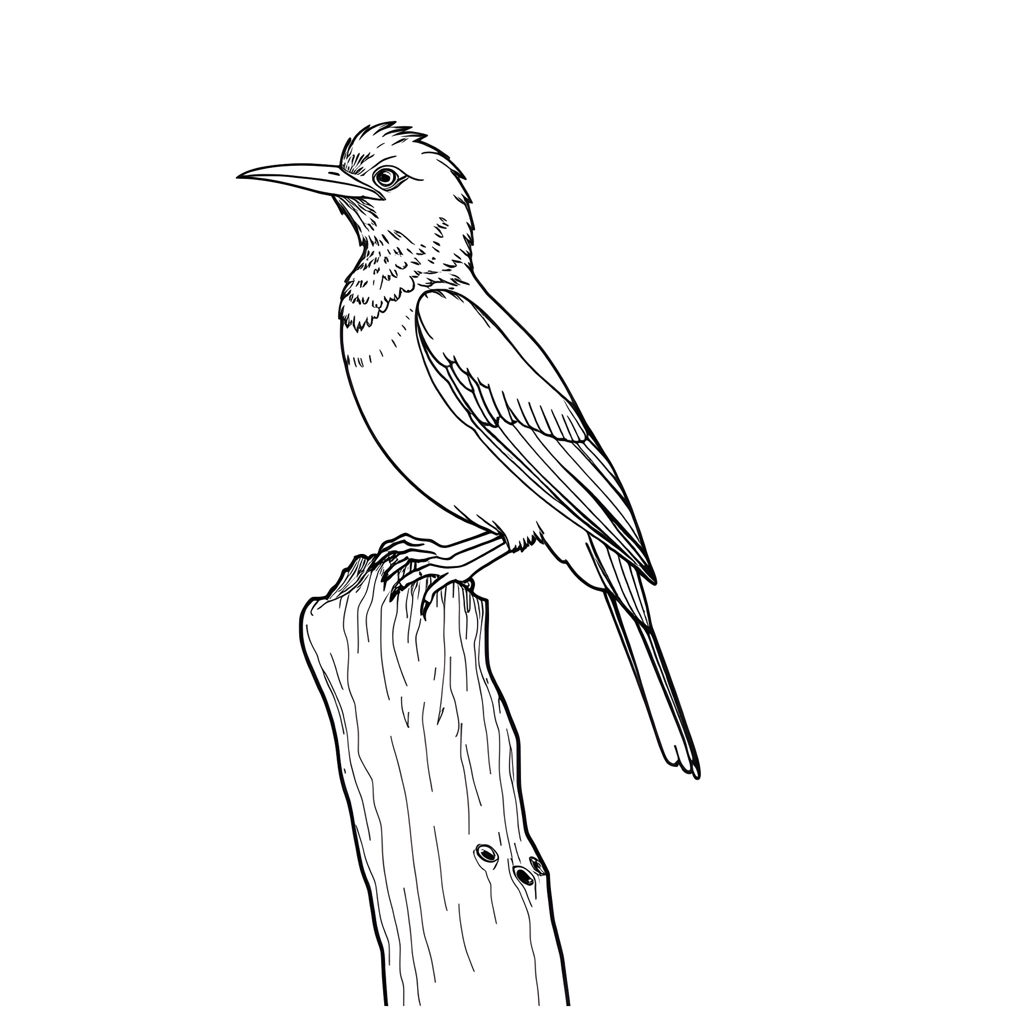 Akepe bird perched on a wooden stump Coloring Page (free black-and-white line drawing printable PDF for all, from beginners to advanced learners, including children, teens, adults, and seniors)