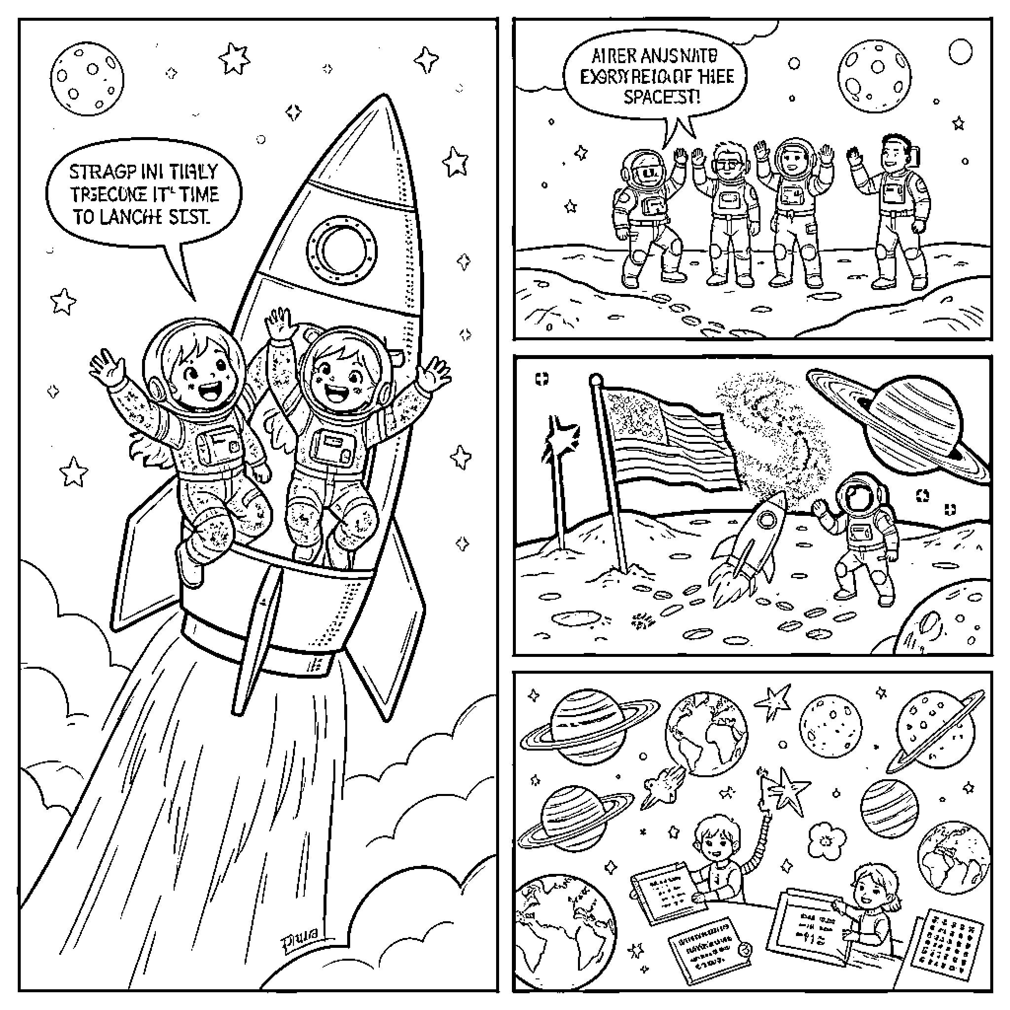 Rocket Explorers Embark on an Intergalactic Adventure Coloring Page (free black-and-white line drawing printable PDF for all, from beginners to advanced learners, including children, teens, adults, and seniors)