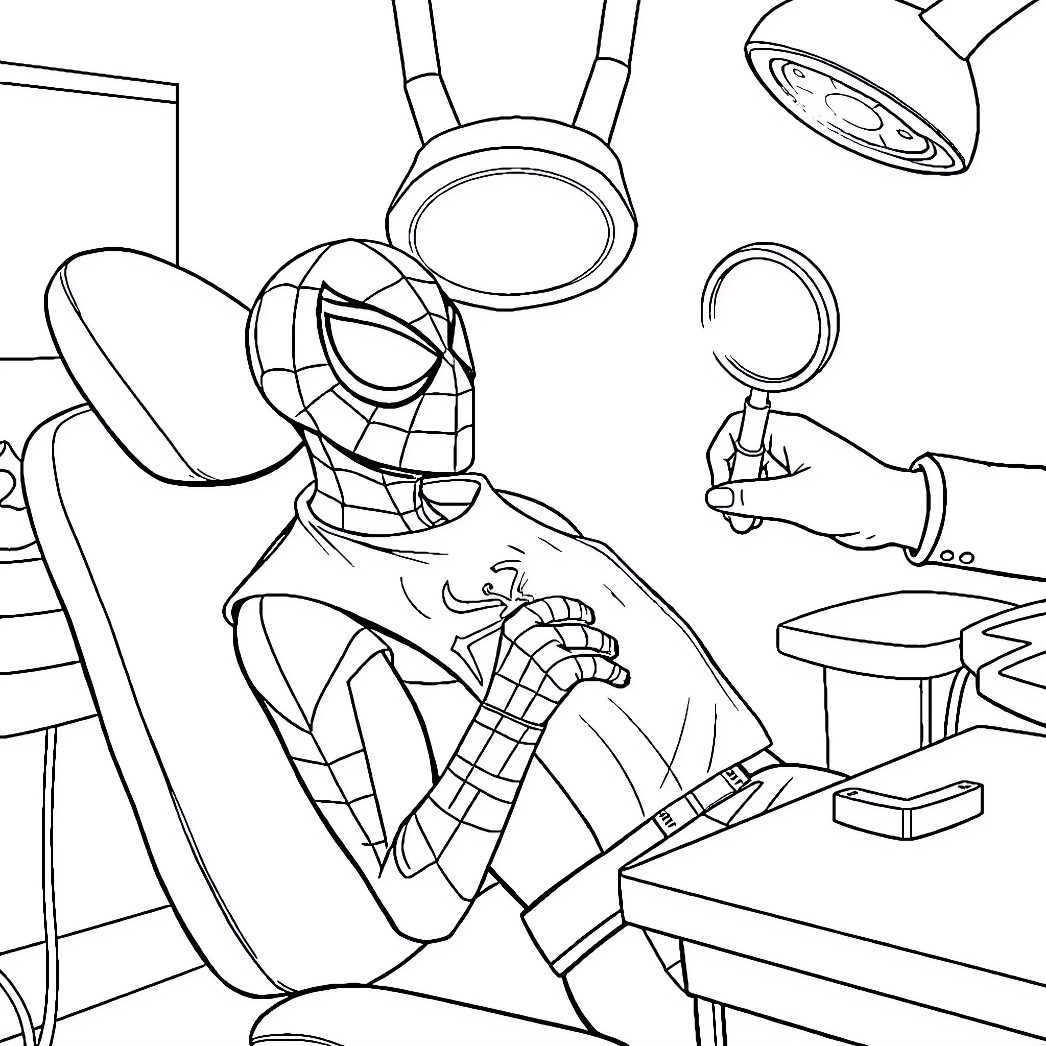 Spiderman in medical examination scene Coloring Page (free black-and-white line drawing printable PDF for all, from beginners to advanced learners, including children, teens, adults, and seniors)