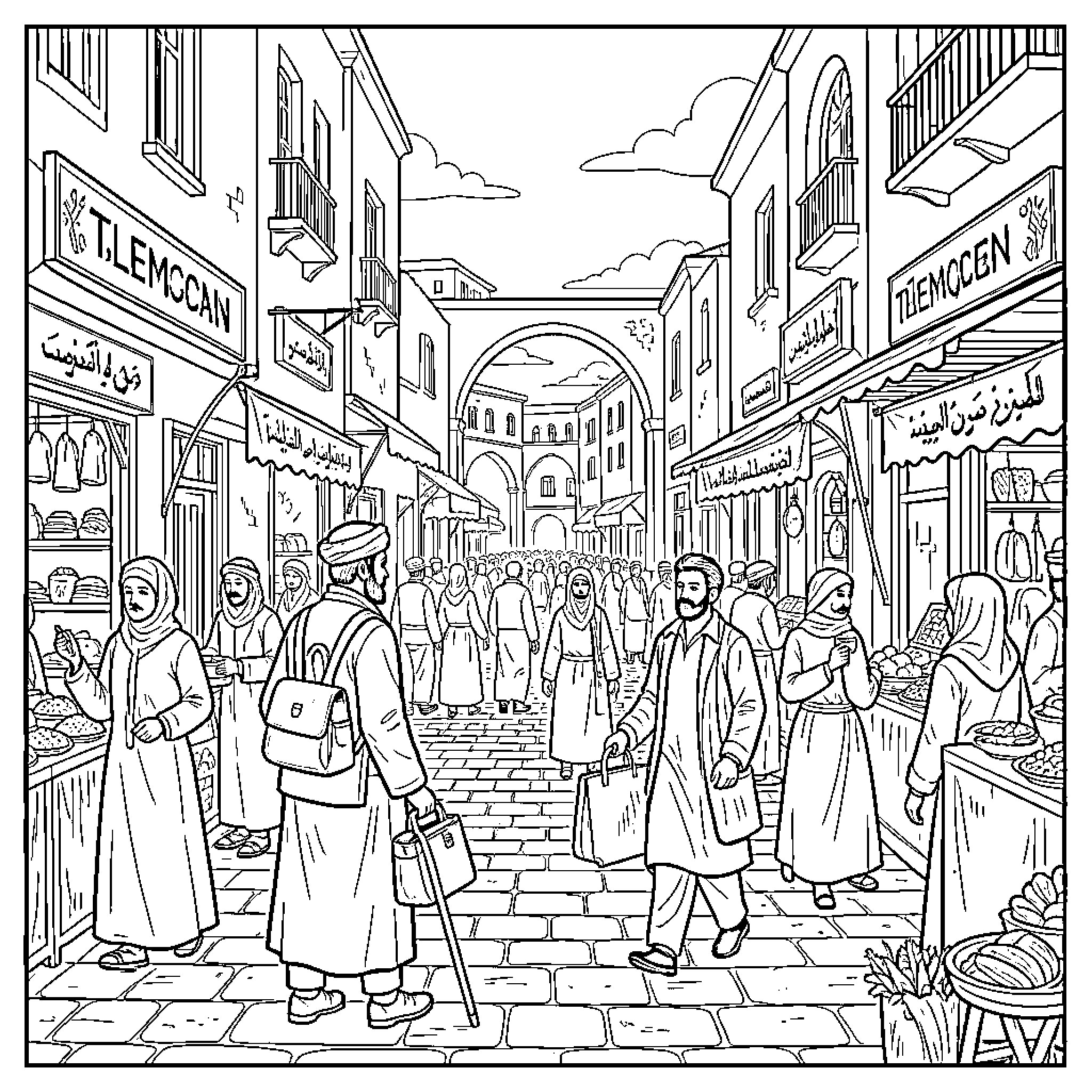 Tourist walking through a busy traditional marketplace street Coloring Page (free black-and-white line drawing printable PDF for all, from beginners to advanced learners, including children, teens, adults, and seniors)