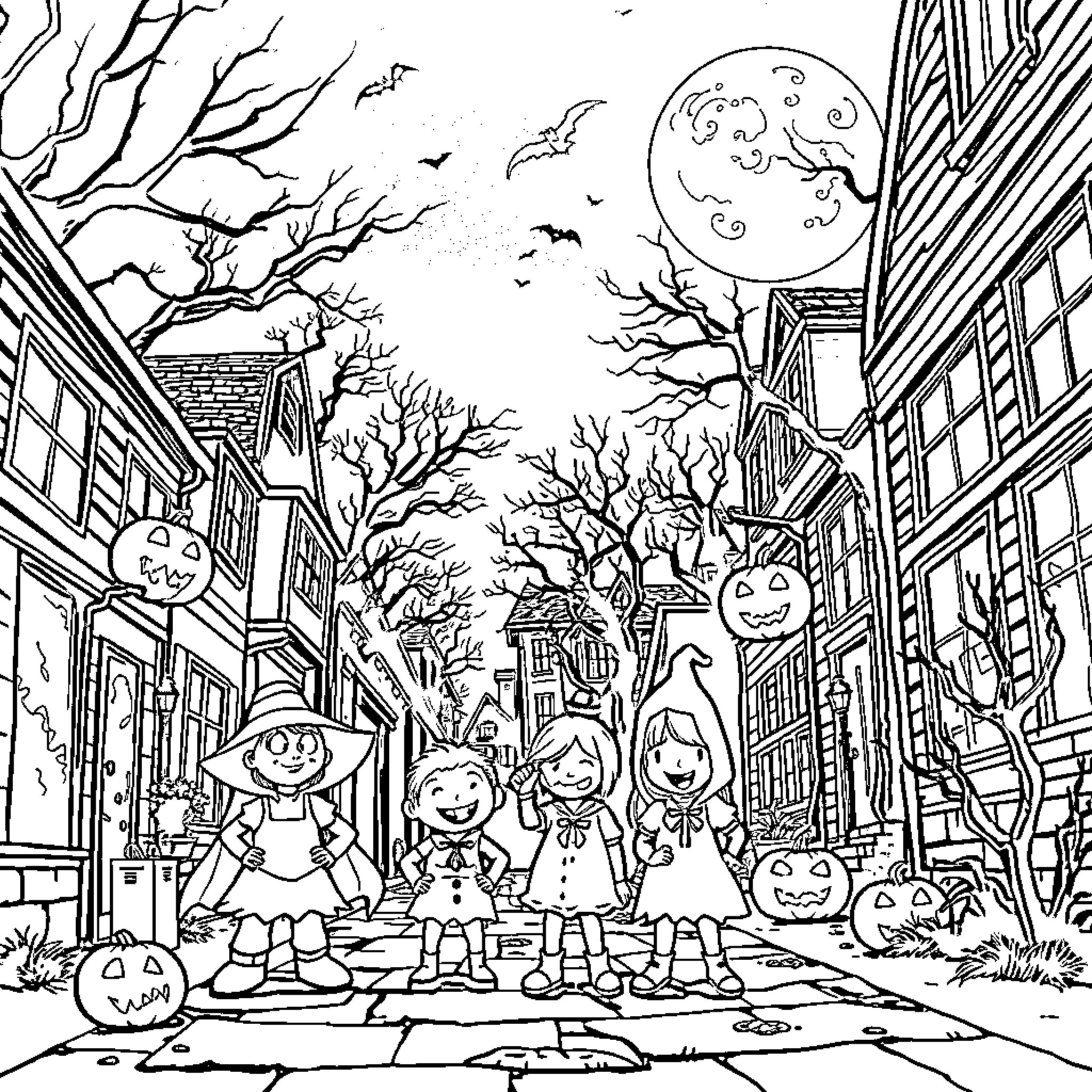 Halloween Trick-or-Treaters in Spooky Night Town Coloring Page (free black-and-white line drawing printable PDF for all, from beginners to advanced learners, including children, teens, adults, and seniors)