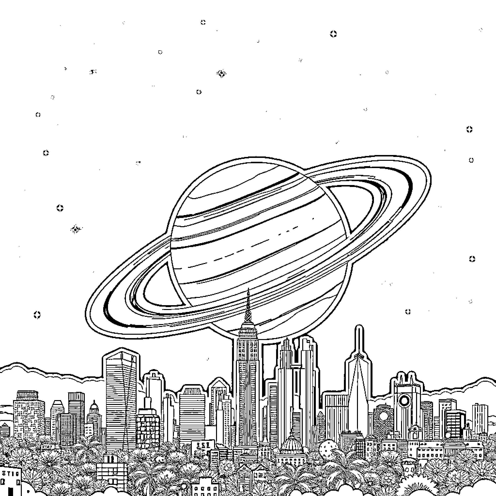 Saturn over the City Skyline Coloring Page (free black-and-white line drawing printable PDF for all, from beginners to advanced learners, including children, teens, adults, and seniors)