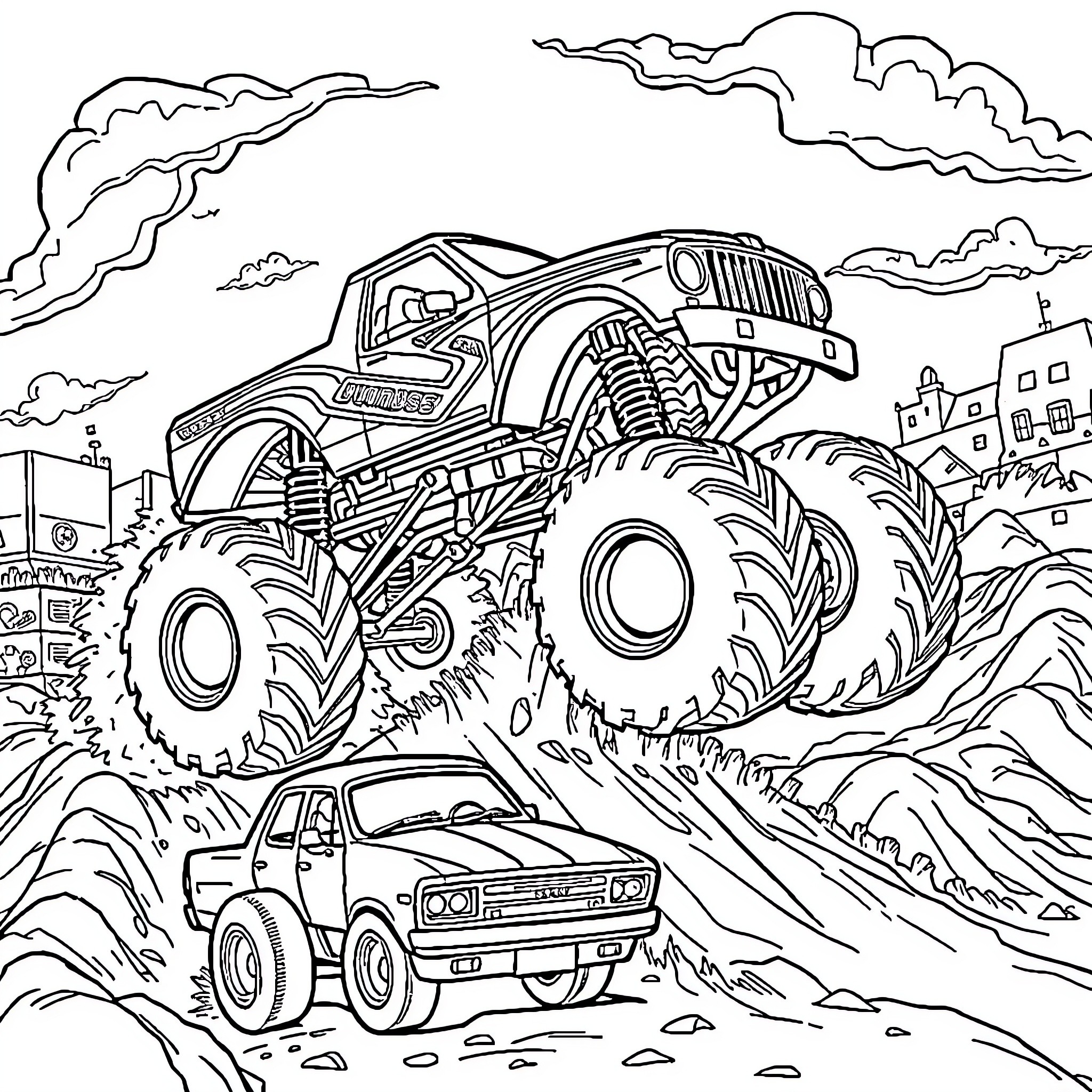 Monster Truck Crushing Smaller Vehicle in Rugged Terrain Coloring Page (free black-and-white line drawing printable PDF for all, from beginners to advanced learners, including children, teens, adults, and seniors)