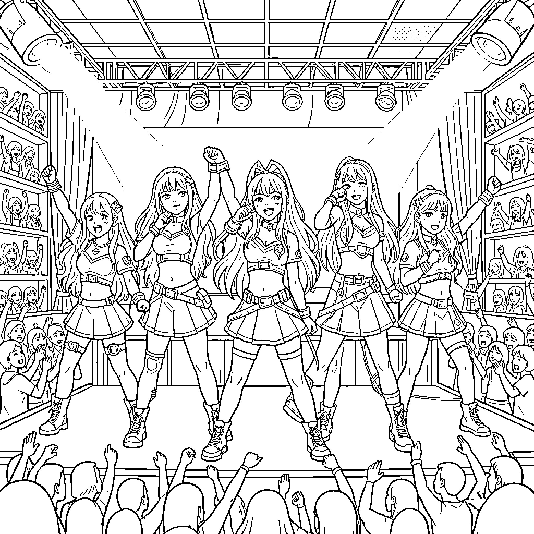 Kpop Warriors Performing on Stage with Passion Coloring Page (free black-and-white line drawing printable PDF for all, from beginners to advanced learners, including children, teens, adults, and seniors)