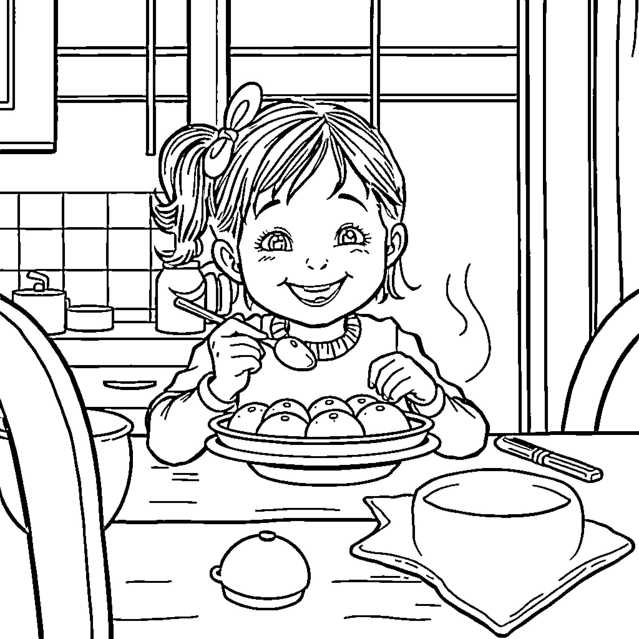 Girl enjoying a homemade meal in the kitchen Coloring Page (free black-and-white line drawing printable PDF for all, from beginners to advanced learners, including children, teens, adults, and seniors)