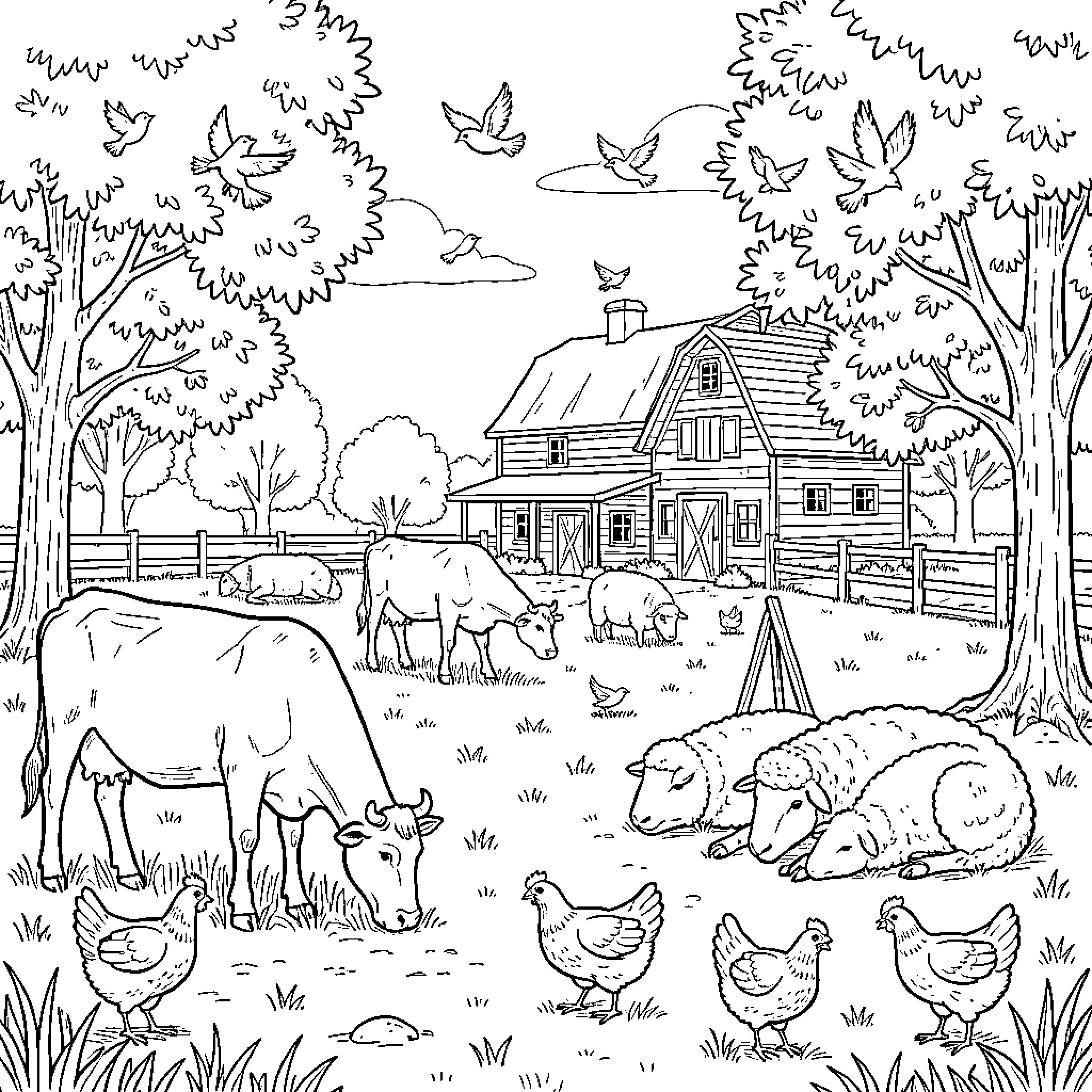 Farm animals grazing peacefully near a large barn Coloring Page (free black-and-white line drawing printable PDF for all, from beginners to advanced learners, including children, teens, adults, and seniors)