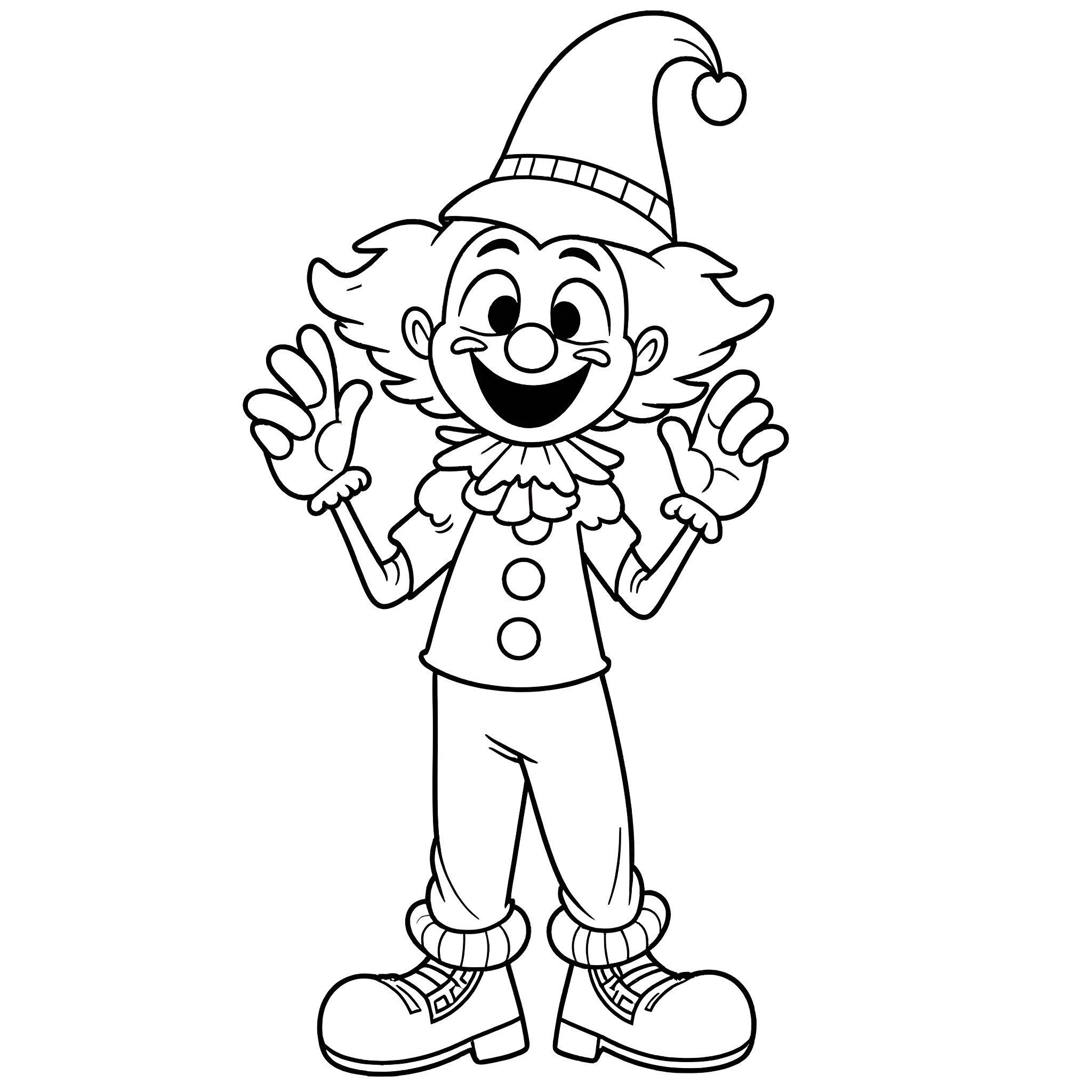 Clown making a funny gesture Coloring Page (free black-and-white line drawing printable PDF for all, from beginners to advanced learners, including children, teens, adults, and seniors)