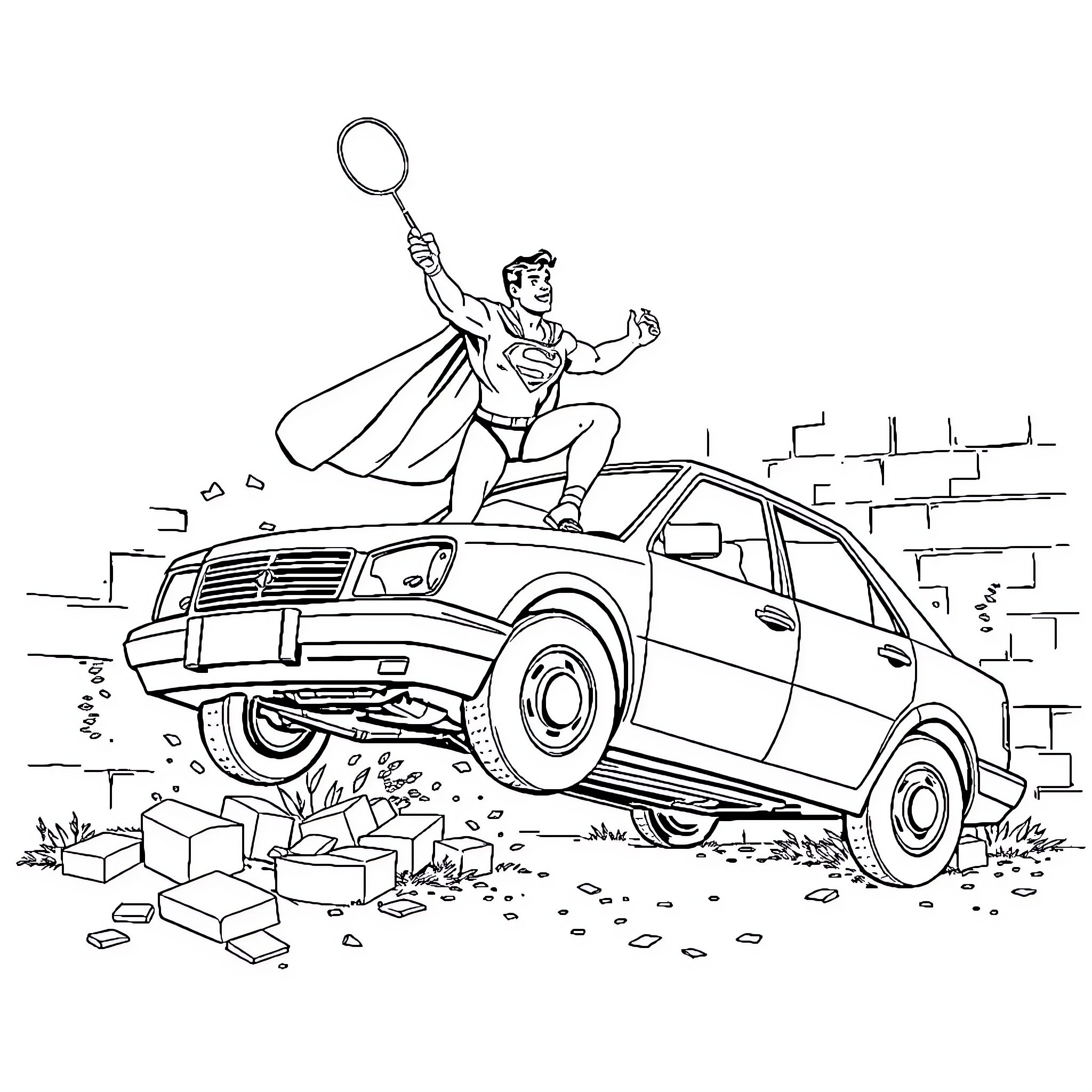 Superman lifts a car in heroic action Coloring Page (free black-and-white line drawing printable PDF for all, from beginners to advanced learners, including children, teens, adults, and seniors)