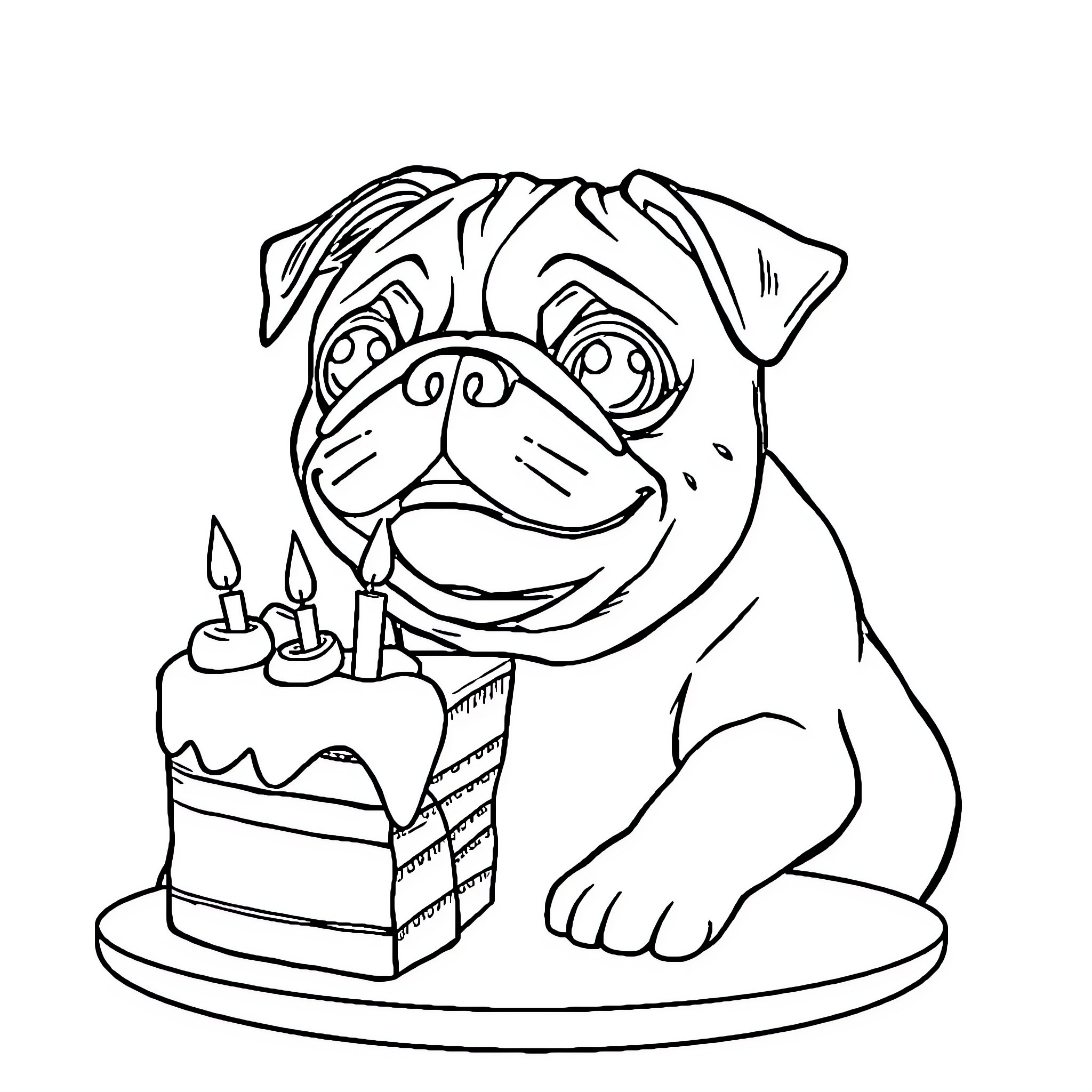 Pug celebrating with birthday cake Coloring Page (free black-and-white line drawing printable PDF for all, from beginners to advanced learners, including children, teens, adults, and seniors)