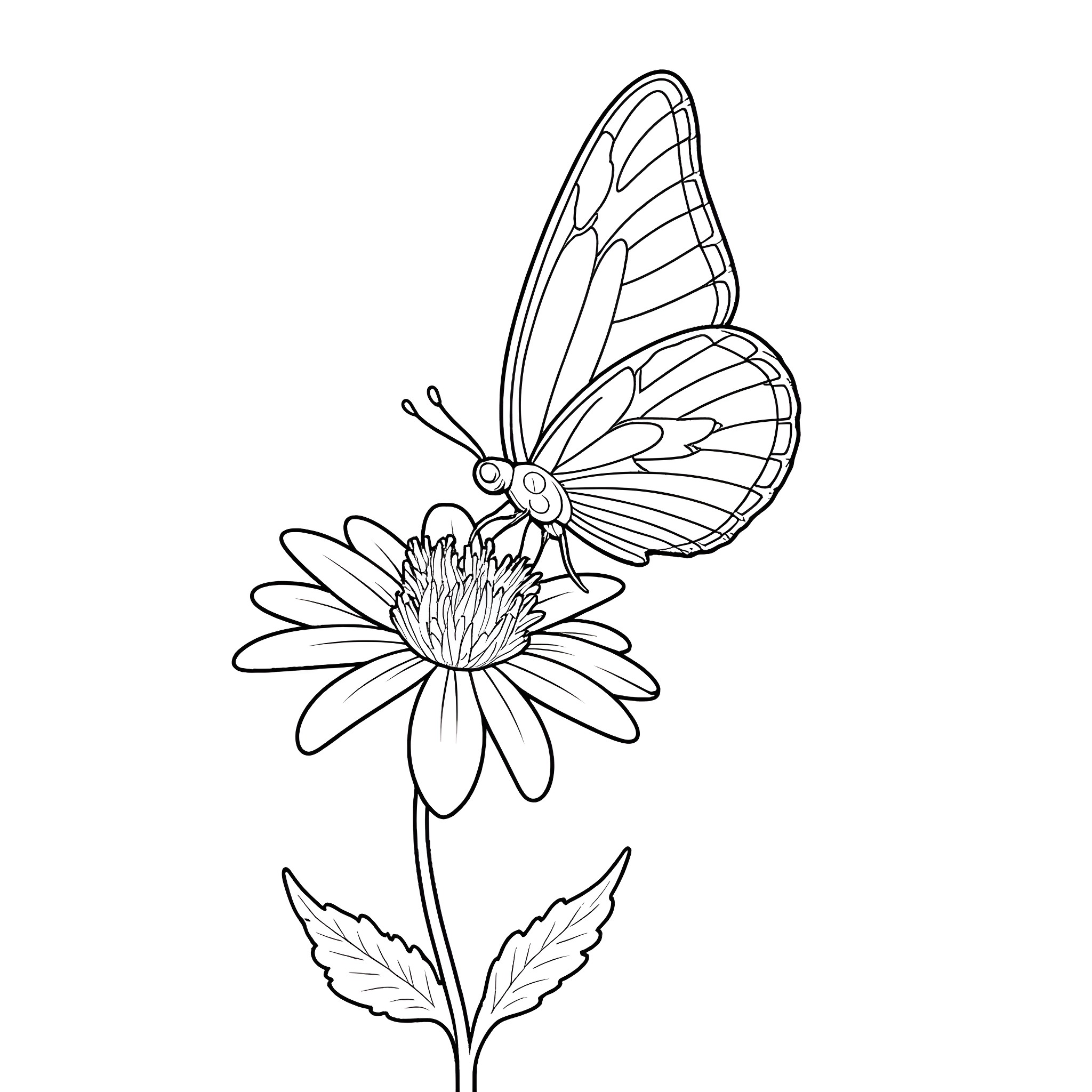 Butterfly resting on a flower Coloring Page (free black-and-white line drawing printable PDF for all, from beginners to advanced learners, including children, teens, adults, and seniors)