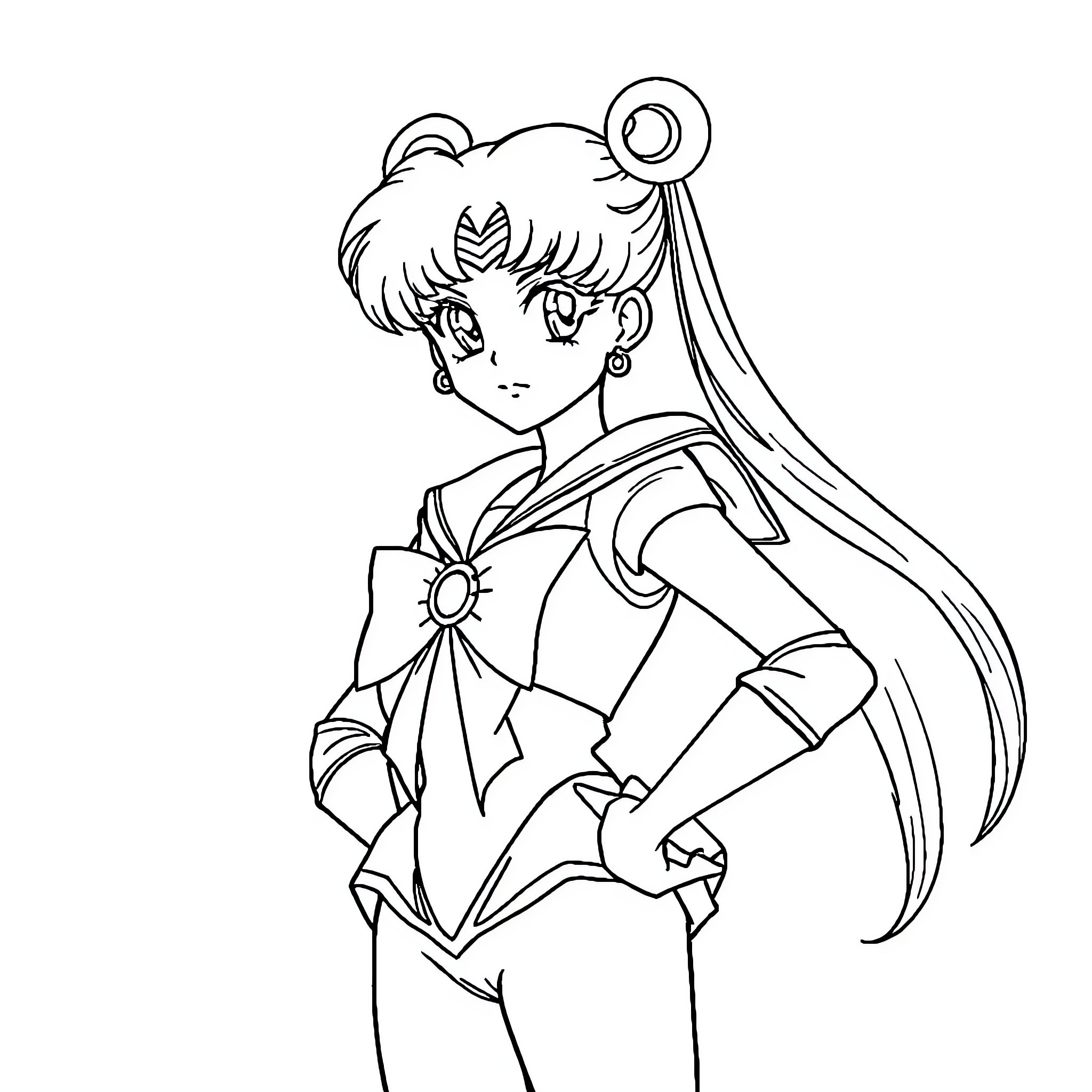 Sailor Moon Anime Character in Iconic Pose Coloring Page (free black-and-white line drawing printable PDF for all, from beginners to advanced learners, including children, teens, adults, and seniors)