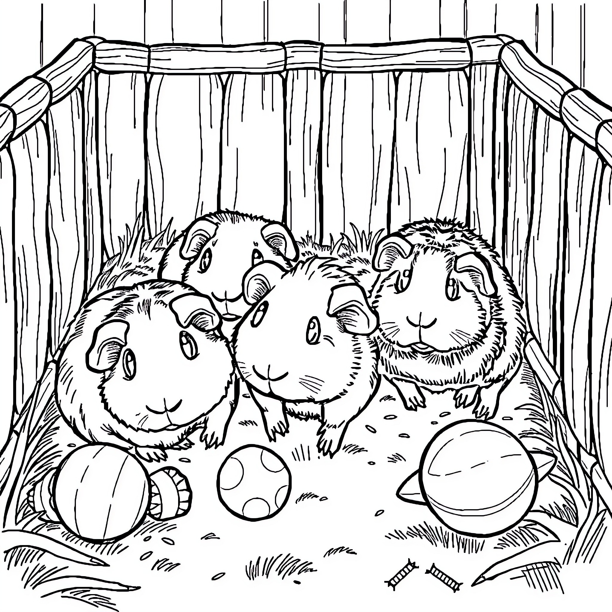 Guinea Pigs playing together in a cozy habitat Coloring Page (free black-and-white line drawing printable PDF for all, from beginners to advanced learners, including children, teens, adults, and seniors)