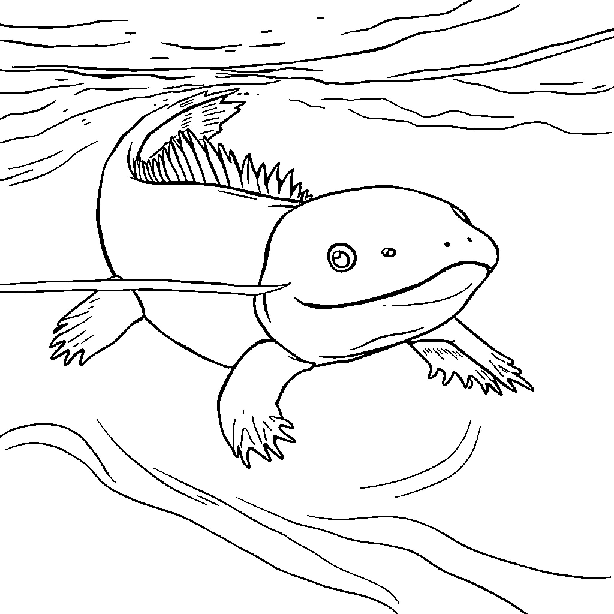 Axolotl swimming playfully in the water Coloring Page (free black-and-white line drawing printable PDF for all, from beginners to advanced learners, including children, teens, adults, and seniors)