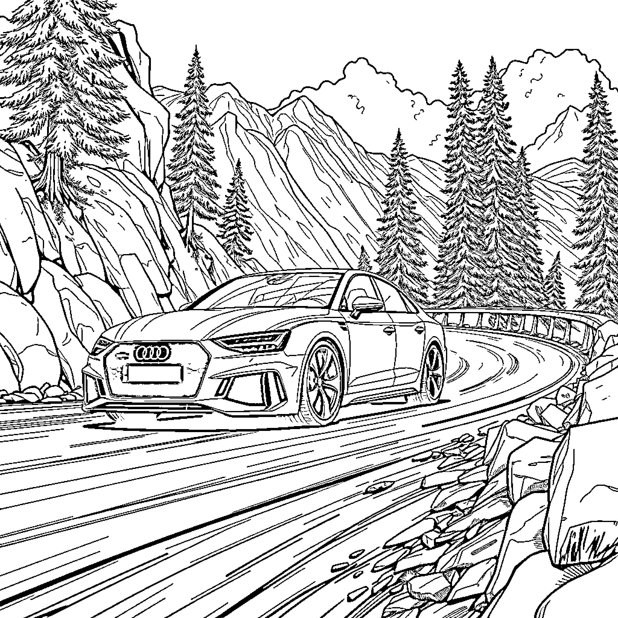 Audi sports car driving through scenic mountain landscape Coloring Page (free black-and-white line drawing printable PDF for all, from beginners to advanced learners, including children, teens, adults, and seniors)