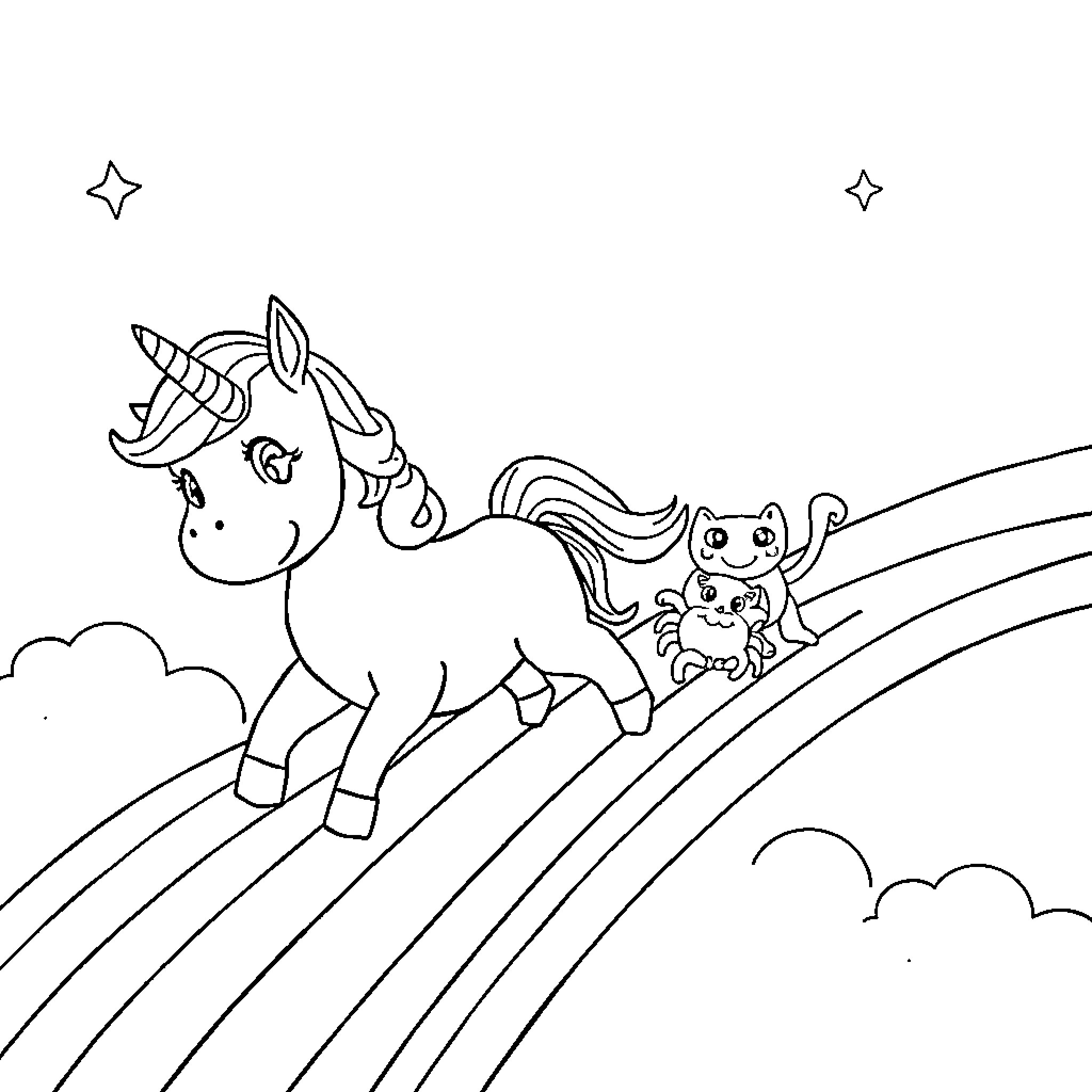 Unicorn and kitten exploring the rainbow landscape Coloring Page (free black-and-white line drawing printable PDF for all, from beginners to advanced learners, including children, teens, adults, and seniors)