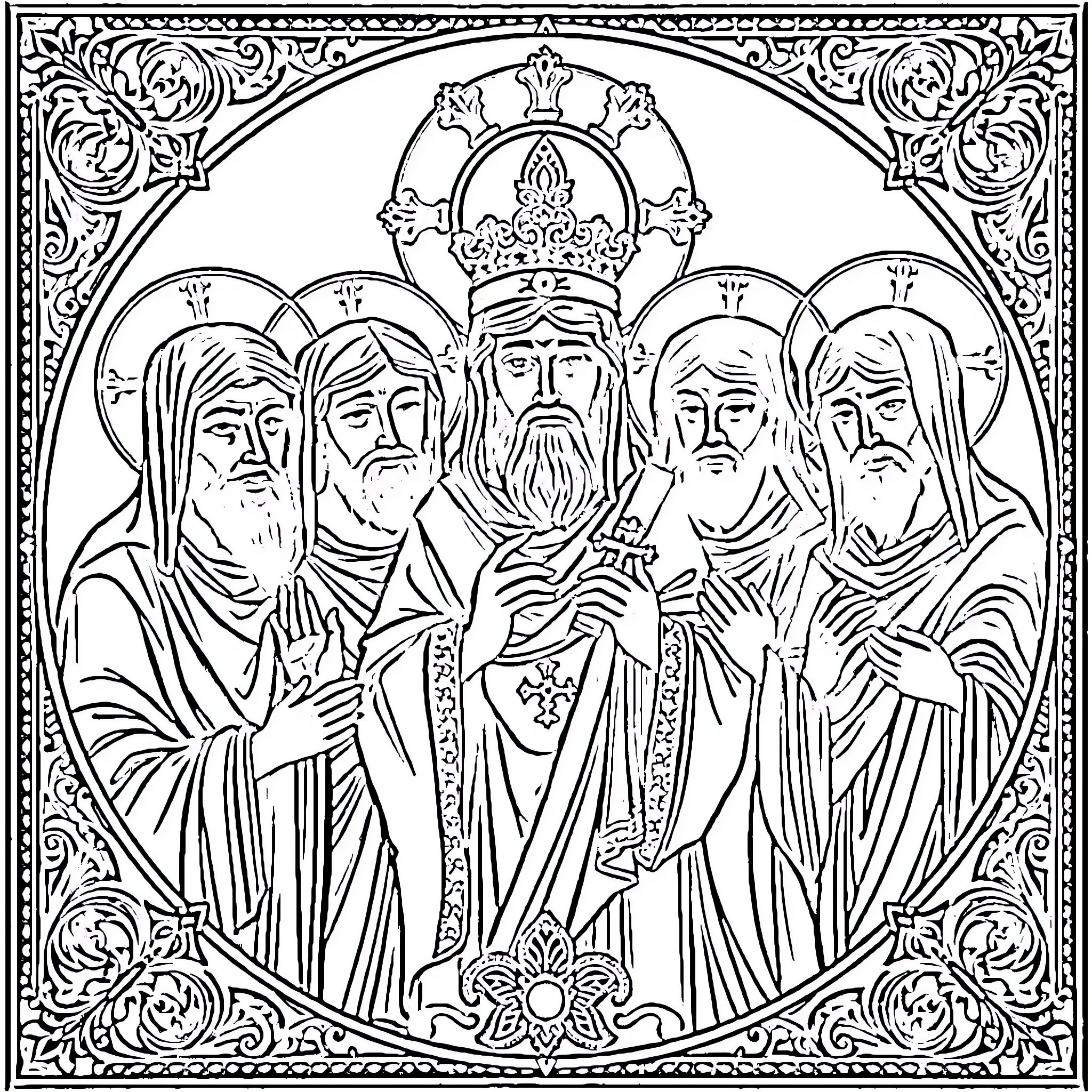Holy Youths Gather in Reverence Coloring Page (free black-and-white line drawing printable PDF for all, from beginners to advanced learners, including children, teens, adults, and seniors)