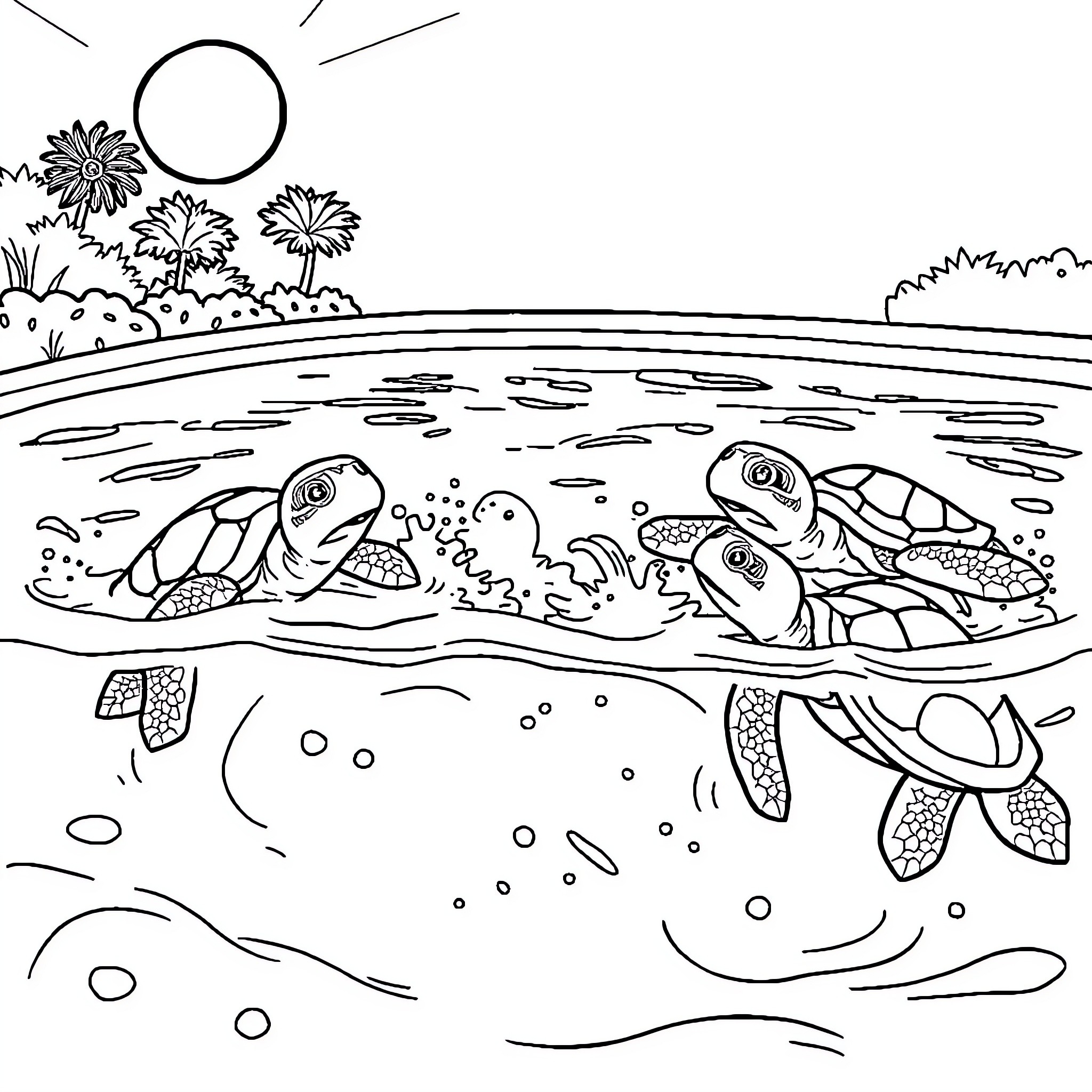Turtle enjoying the pond with friends Coloring Page (free black-and-white line drawing printable PDF for all, from beginners to advanced learners, including children, teens, adults, and seniors)