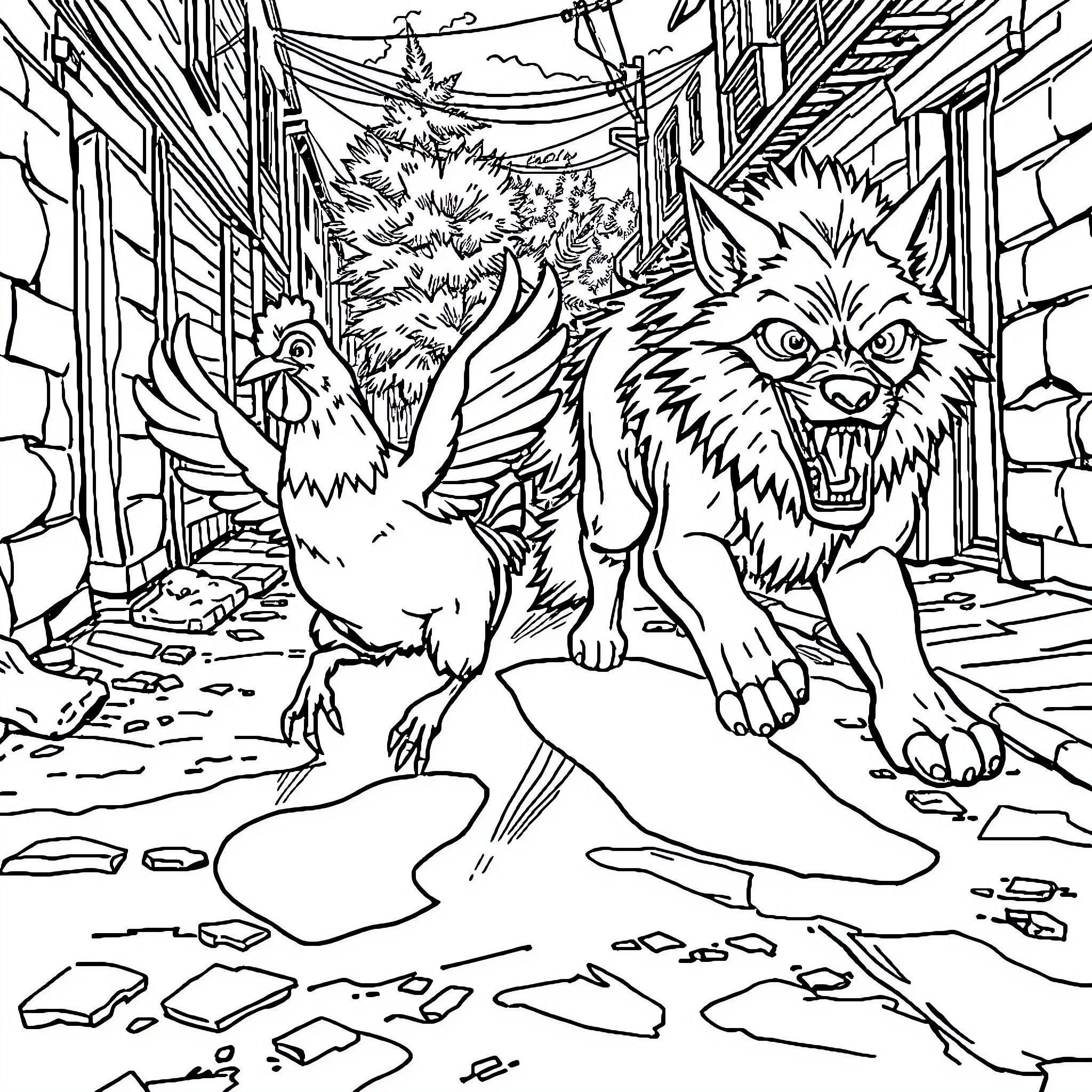 Chicken guarding a fantasy alley Coloring Page (free black-and-white line drawing printable PDF for all, from beginners to advanced learners, including children, teens, adults, and seniors)