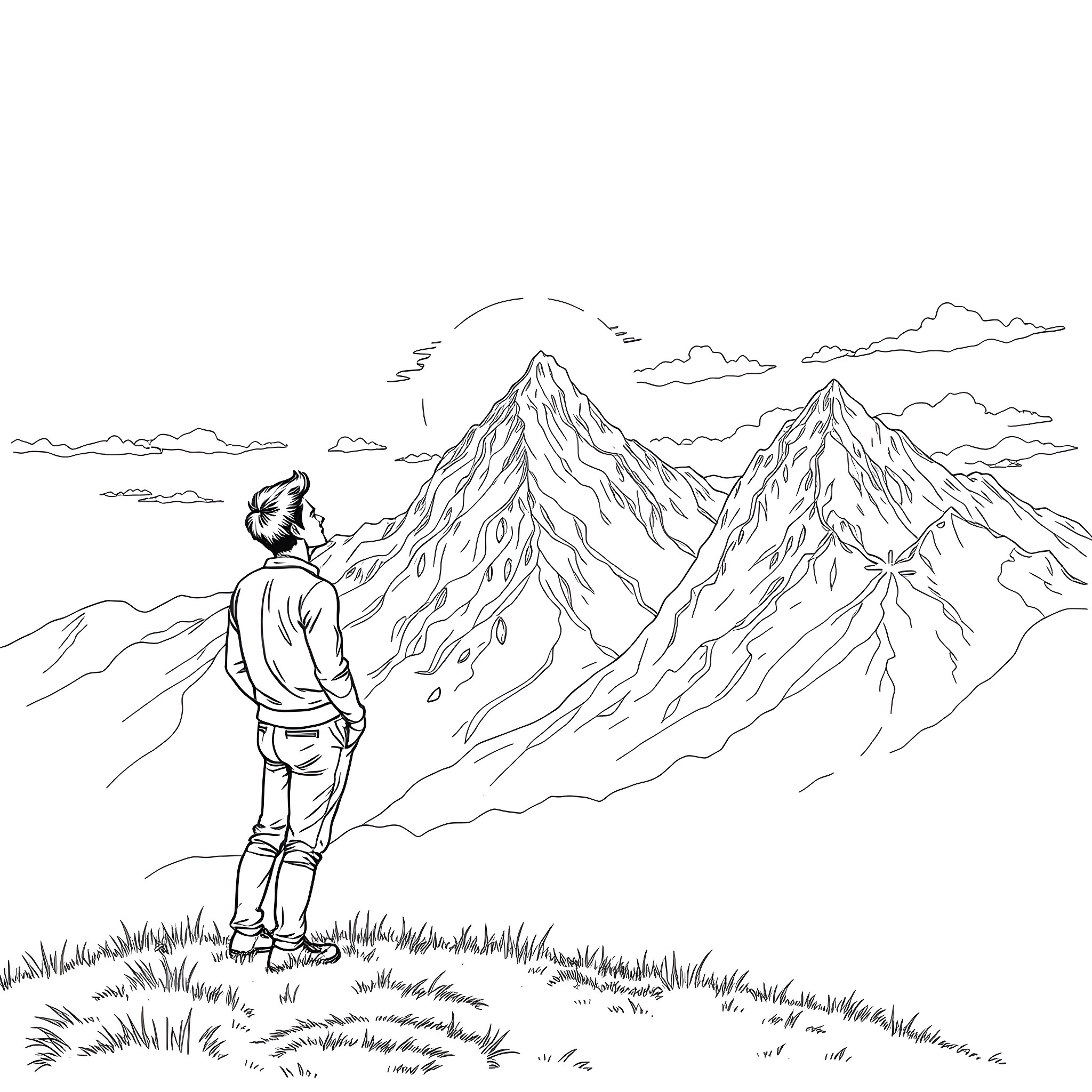 Man gazing at majestic mountains in the distance Coloring Page (free black-and-white line drawing printable PDF for all, from beginners to advanced learners, including children, teens, adults, and seniors)