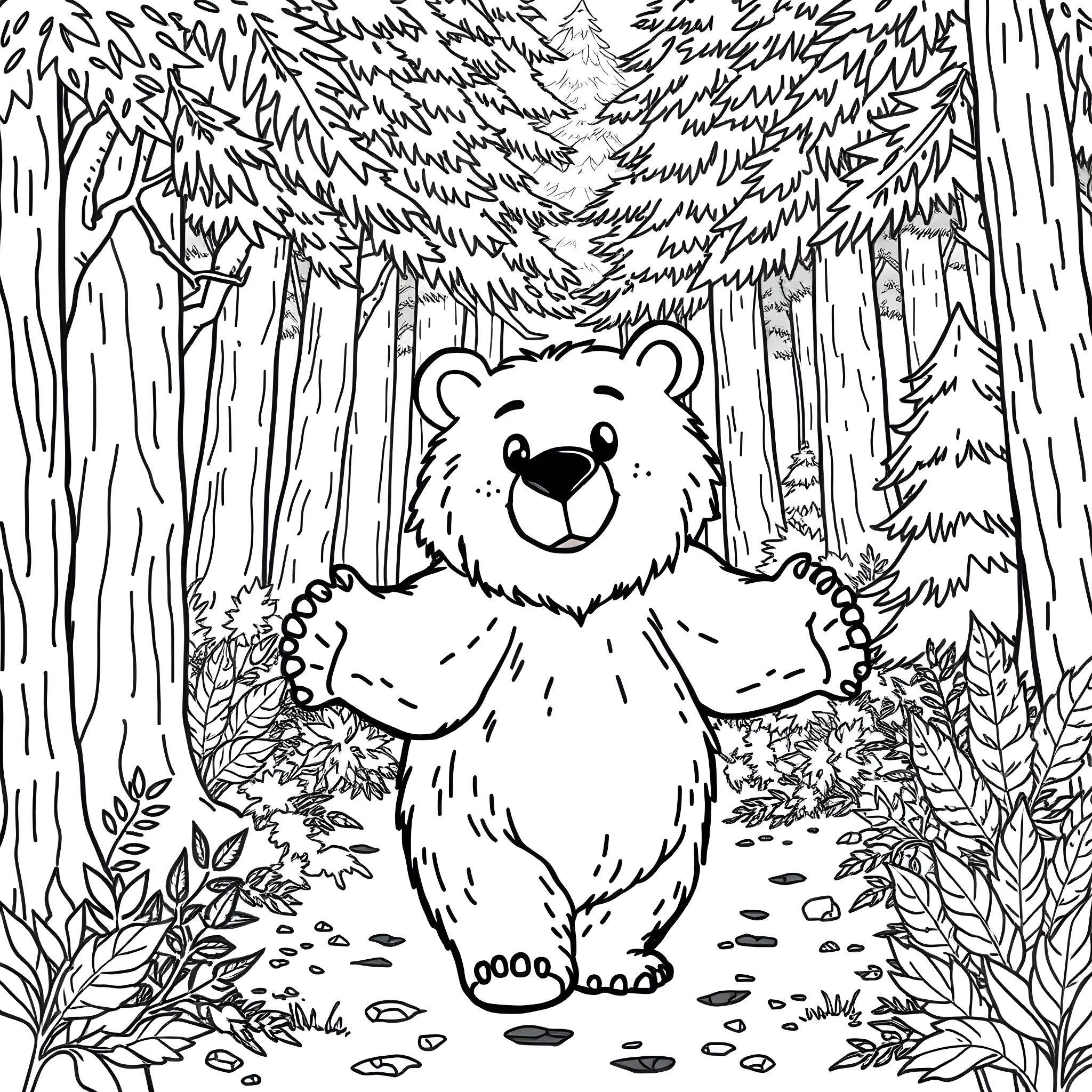 Bear exploring the cozy forest Coloring Page (free black-and-white line drawing printable PDF for all, from beginners to advanced learners, including children, teens, adults, and seniors)