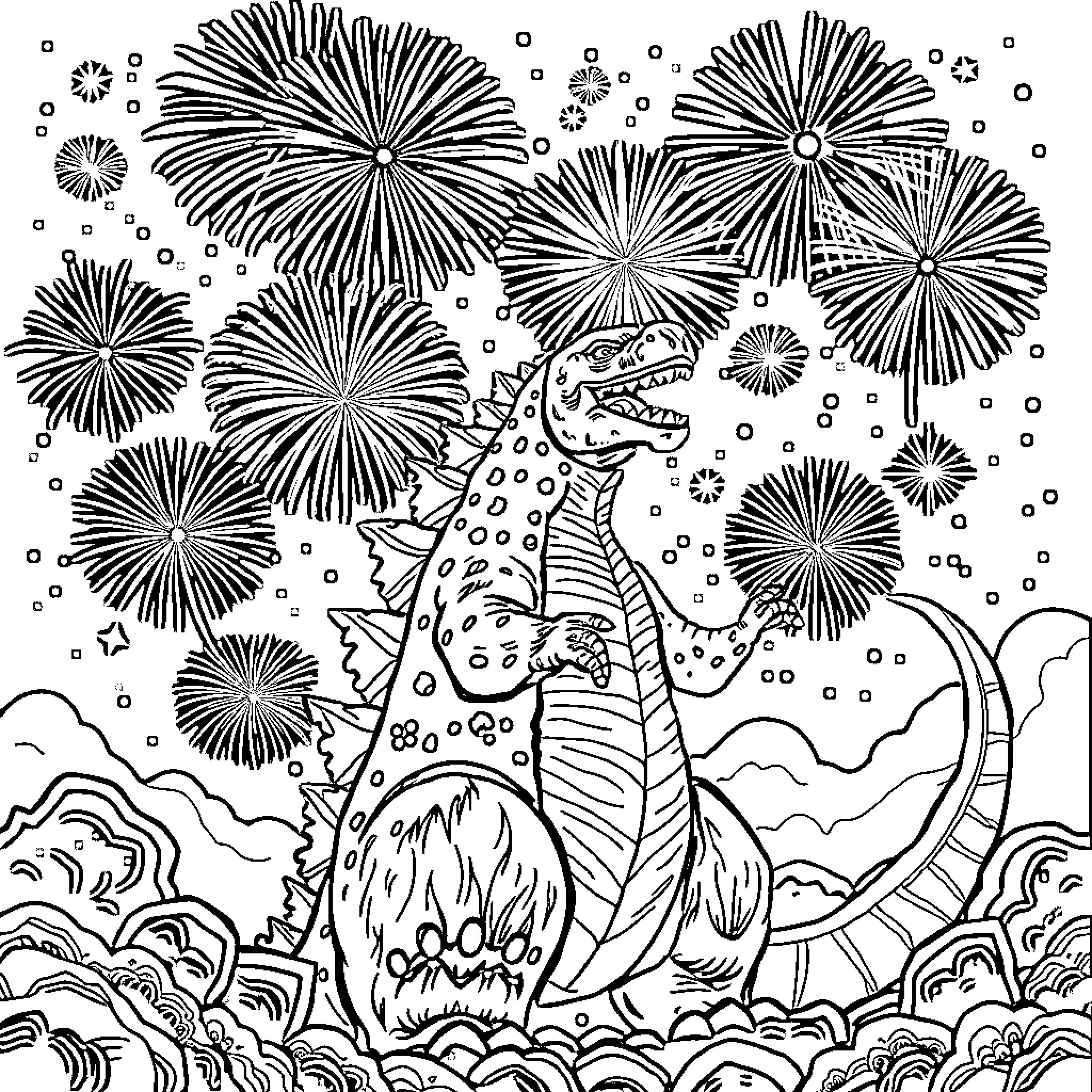 Godzilla unleashes fiery roar amidst dazzling fireworks display Coloring Page (free black-and-white line drawing printable PDF for all, from beginners to advanced learners, including children, teens, adults, and seniors)