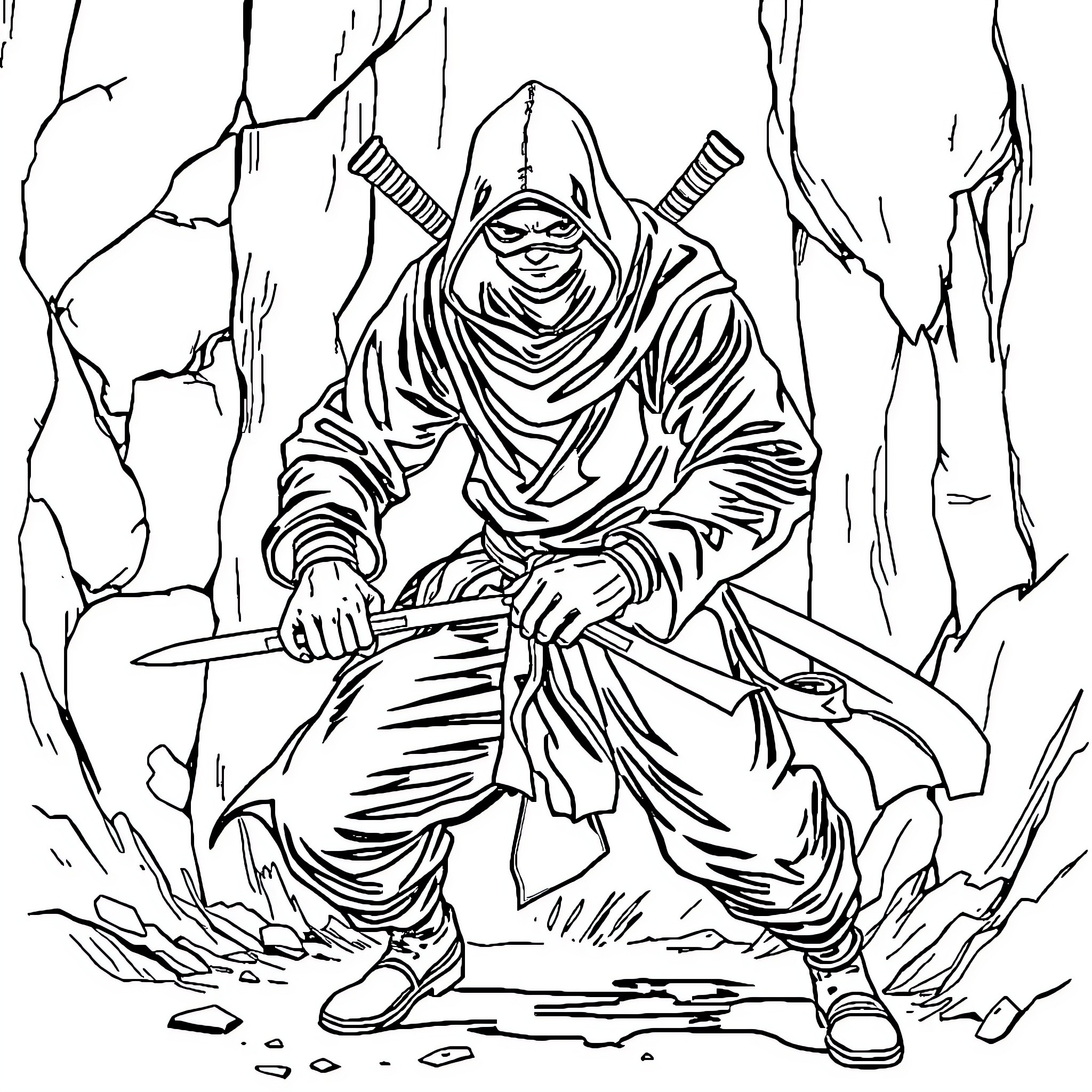 Ninja warrior lurking in the shadows Coloring Page (free black-and-white line drawing printable PDF for all, from beginners to advanced learners, including children, teens, adults, and seniors)