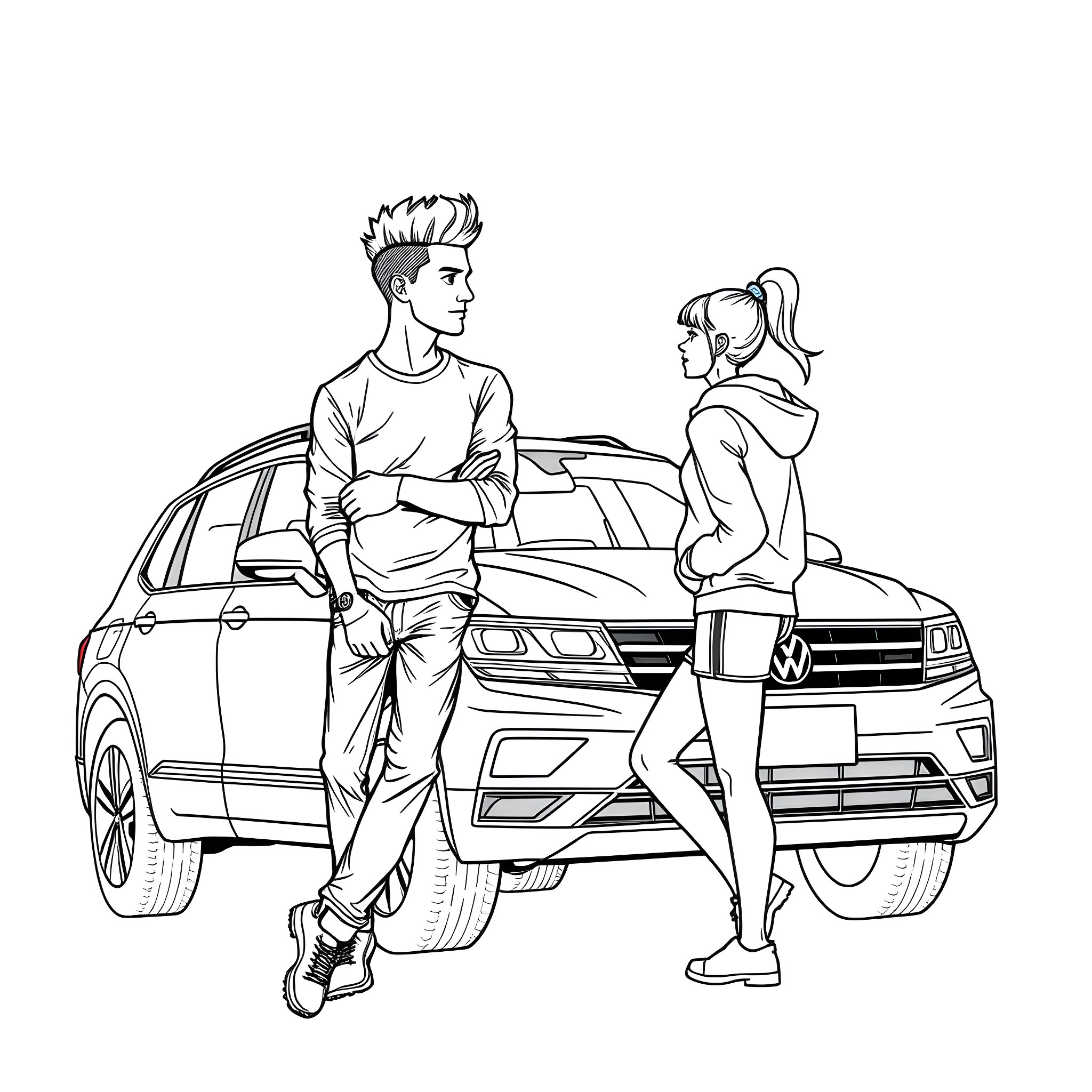 Teen couple standing near SUV Coloring Page (free black-and-white line drawing printable PDF for all, from beginners to advanced learners, including children, teens, adults, and seniors)