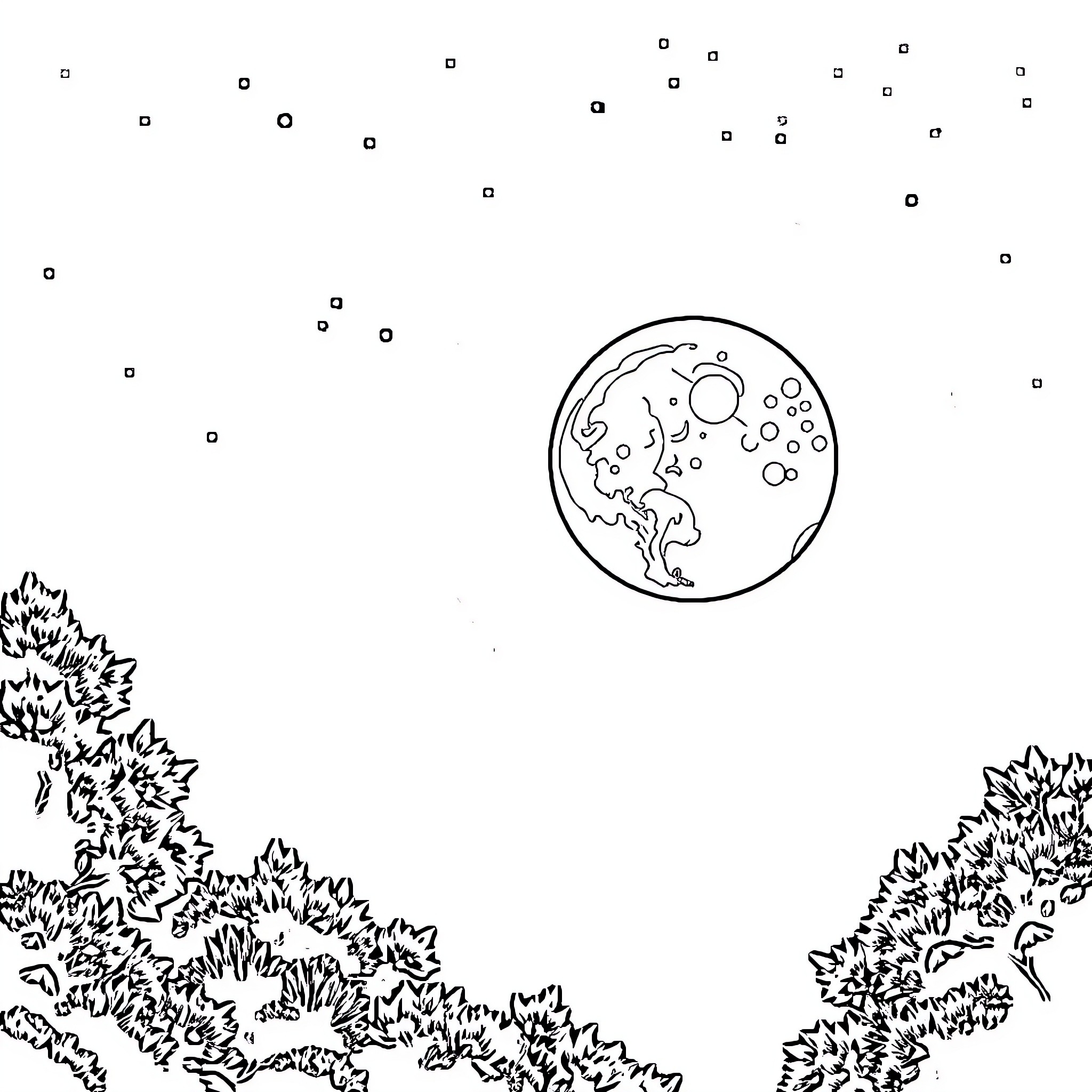 Moon Rising Over Tranquil Landscape Coloring Page (free black-and-white line drawing printable PDF for all, from beginners to advanced learners, including children, teens, adults, and seniors)