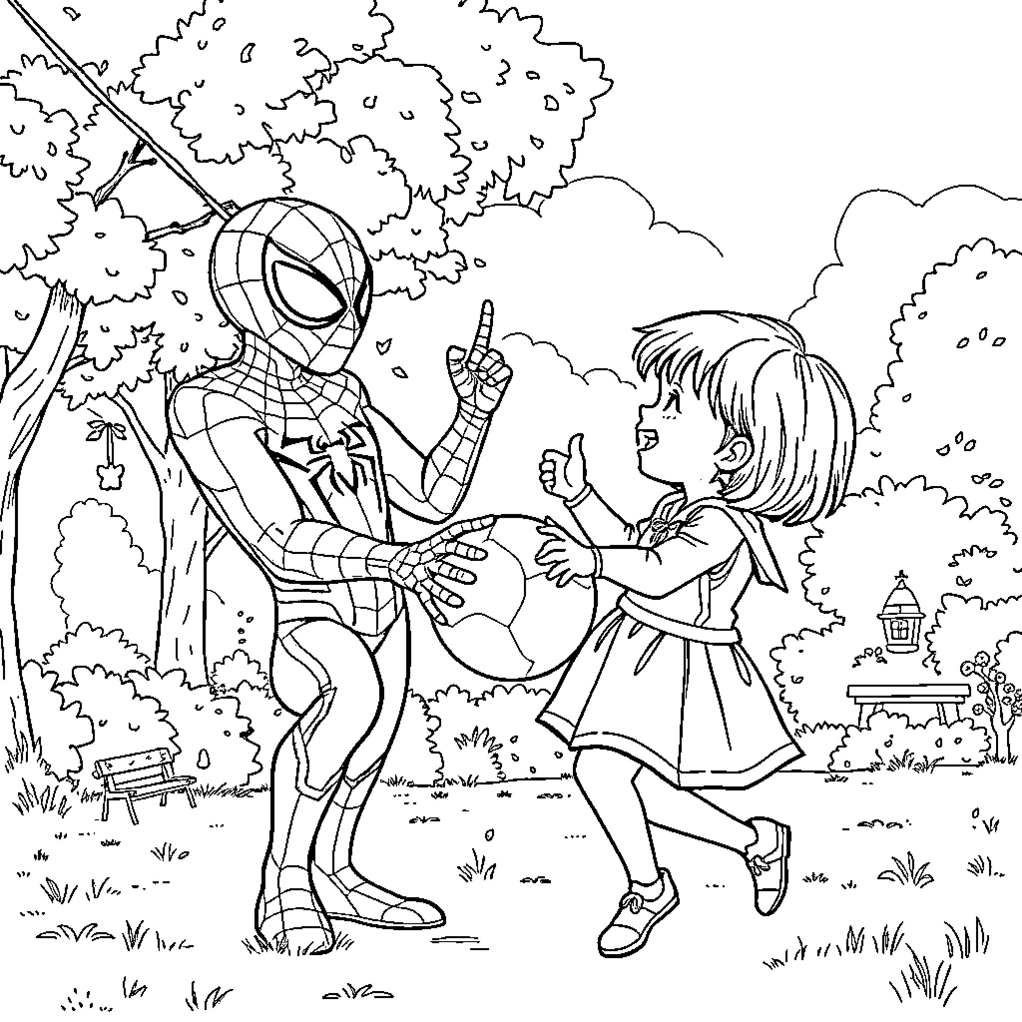 Spider-Man Interacting Playfully with Young Girl Coloring Page (free black-and-white line drawing printable PDF for all, from beginners to advanced learners, including children, teens, adults, and seniors)