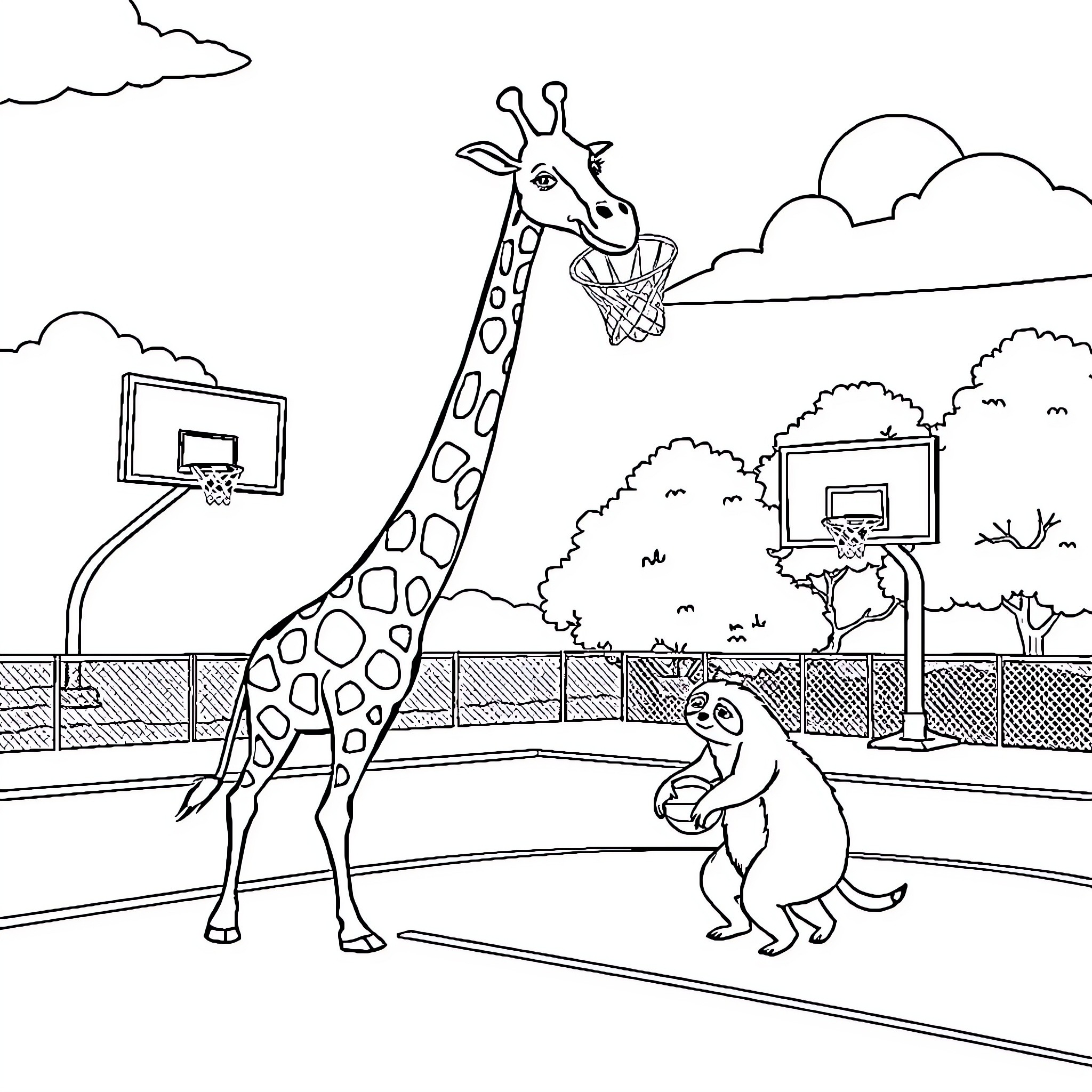 Giraffe playing basketball with a frog on the court Coloring Page (free black-and-white line drawing printable PDF for all, from beginners to advanced learners, including children, teens, adults, and seniors)