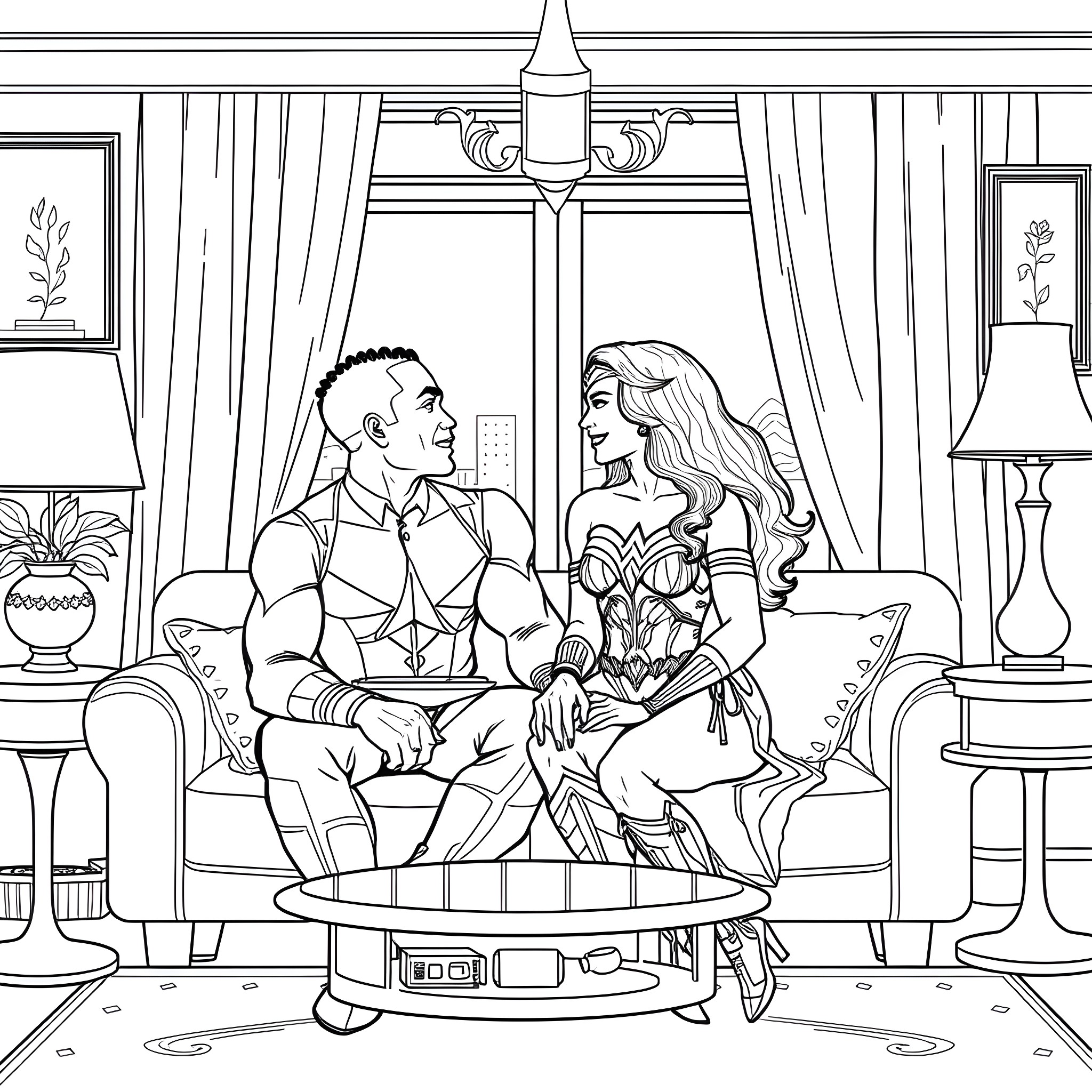 T'Challa and Nakia sharing a moment in their living room Coloring Page (free black-and-white line drawing printable PDF for all, from beginners to advanced learners, including children, teens, adults, and seniors)