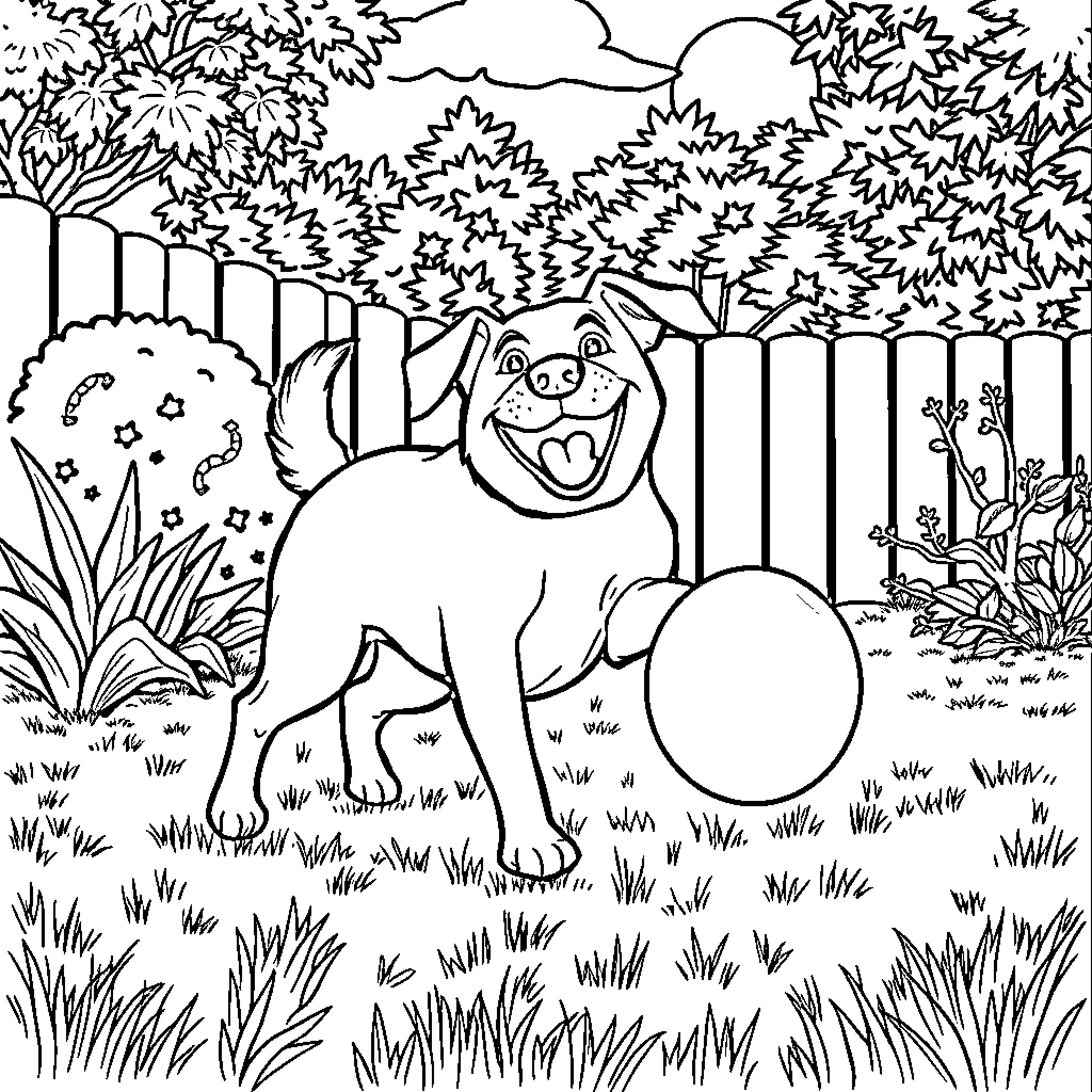 Dog playing joyfully in a lush garden Coloring Page (free black-and-white line drawing printable PDF for all, from beginners to advanced learners, including children, teens, adults, and seniors)