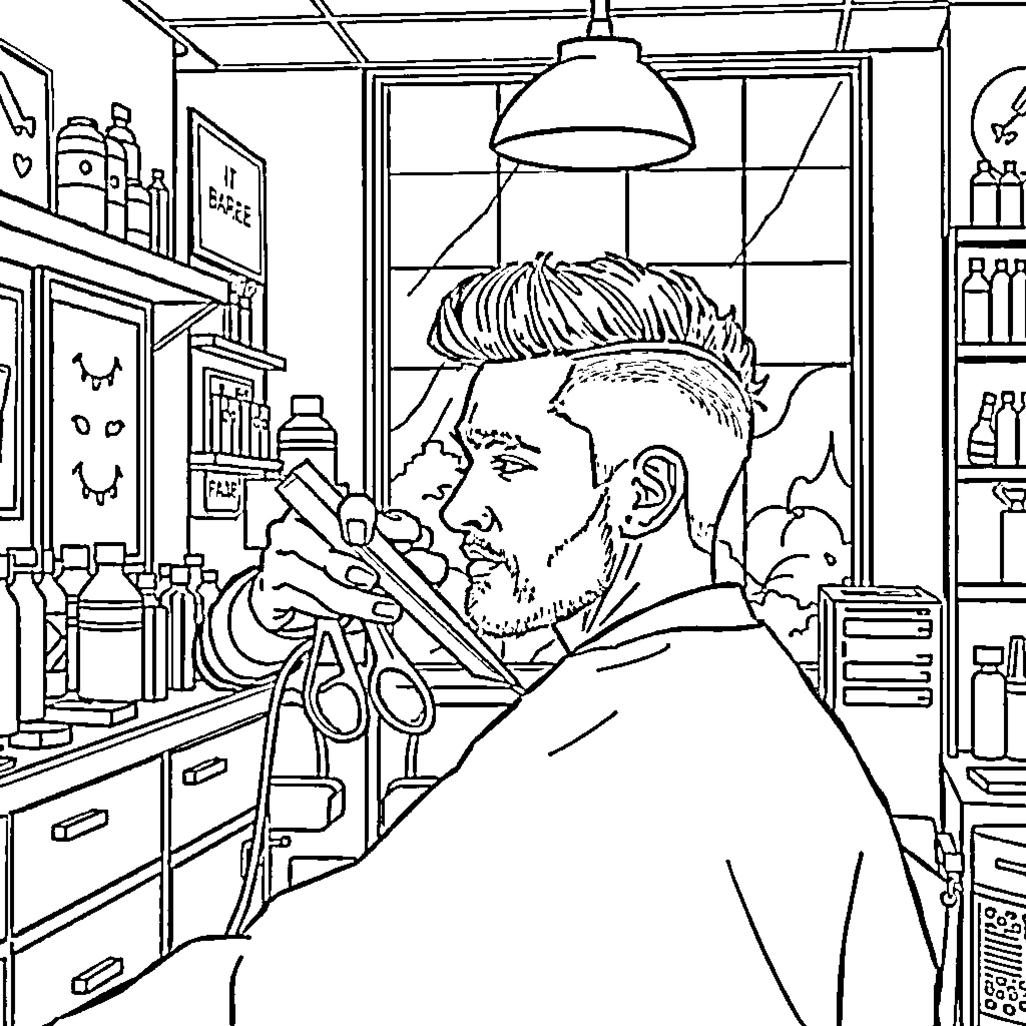 Man working diligently in his office workspace Coloring Page (free black-and-white line drawing printable PDF for all, from beginners to advanced learners, including children, teens, adults, and seniors)