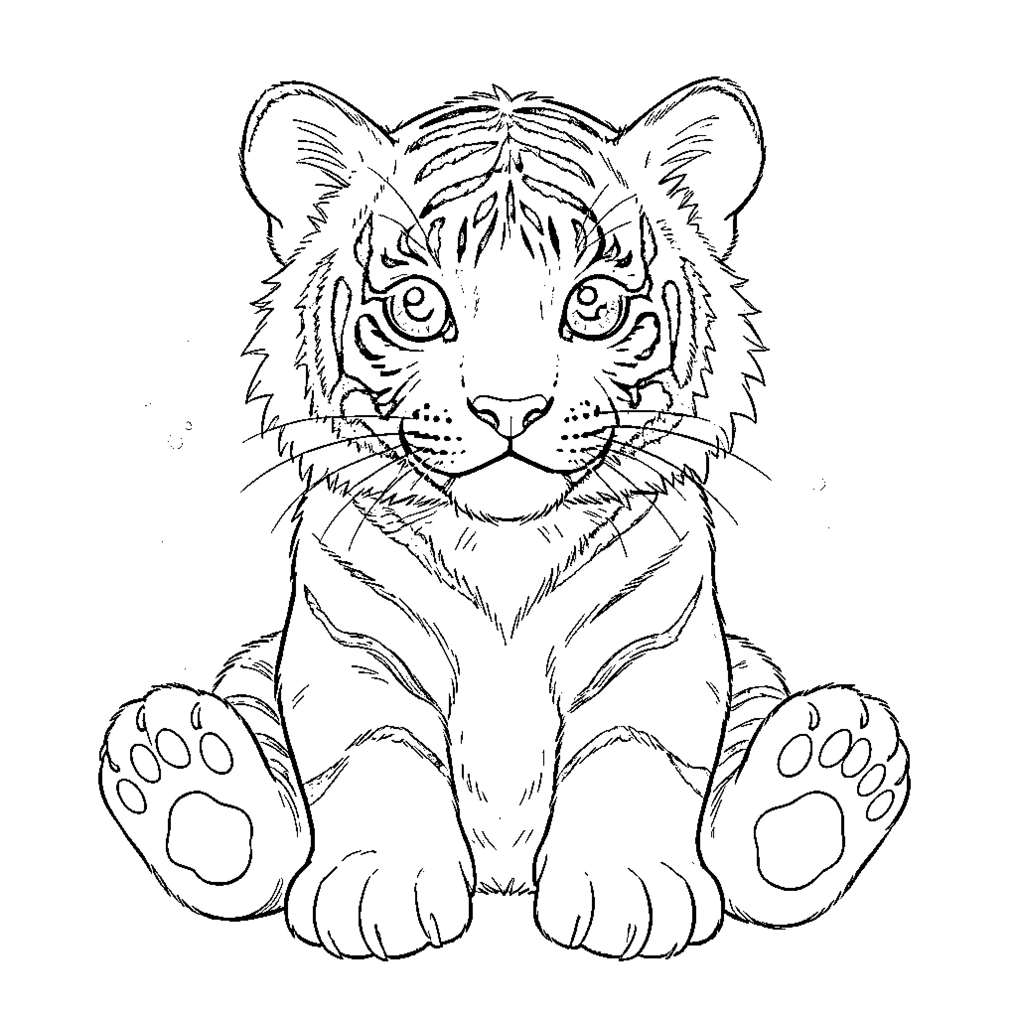 Tiger sitting with focused expression Coloring Page (free black-and-white line drawing printable PDF for all, from beginners to advanced learners, including children, teens, adults, and seniors)