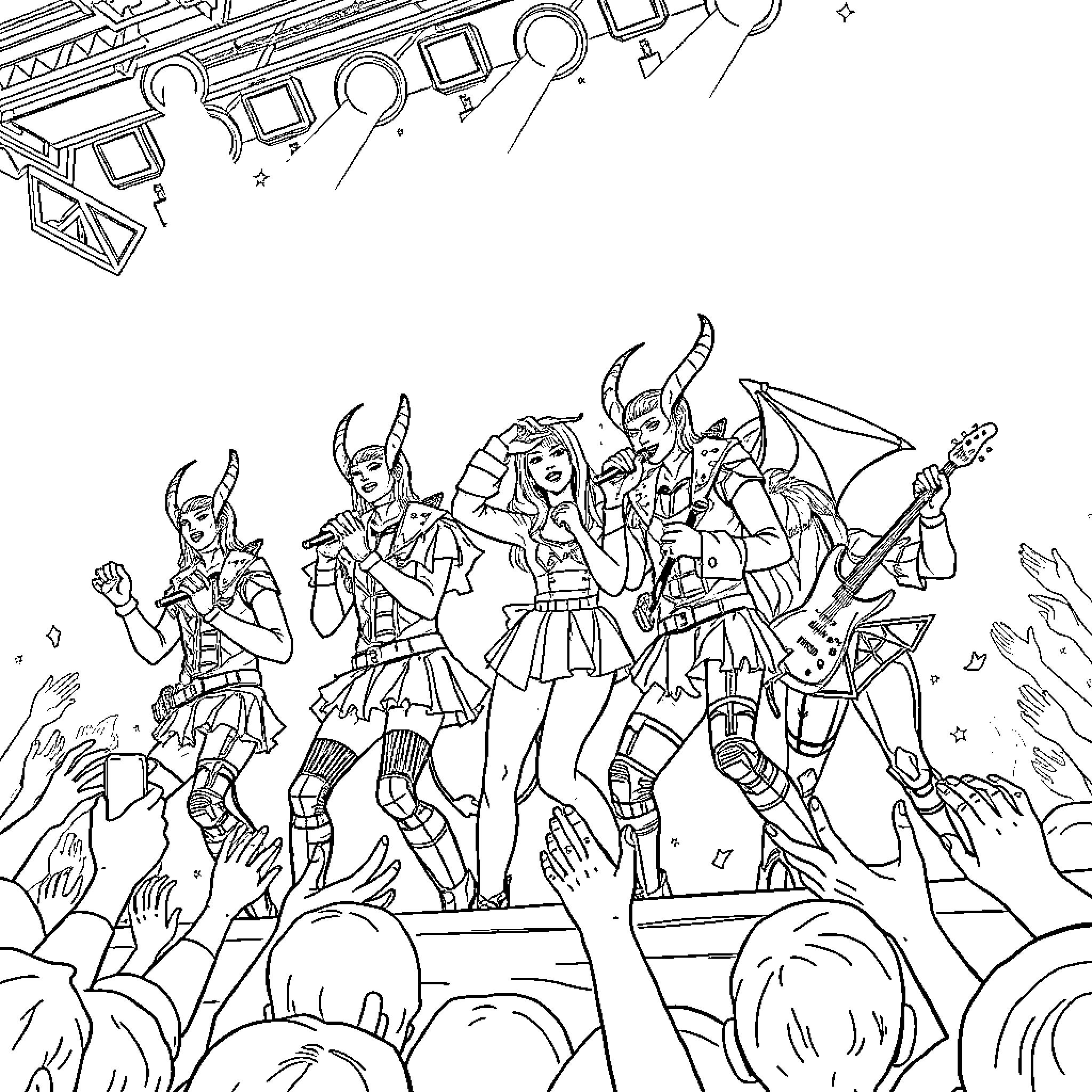 Demon Hunters in Epic Battle Pose Coloring Page (free black-and-white line drawing printable PDF for all, from beginners to advanced learners, including children, teens, adults, and seniors)