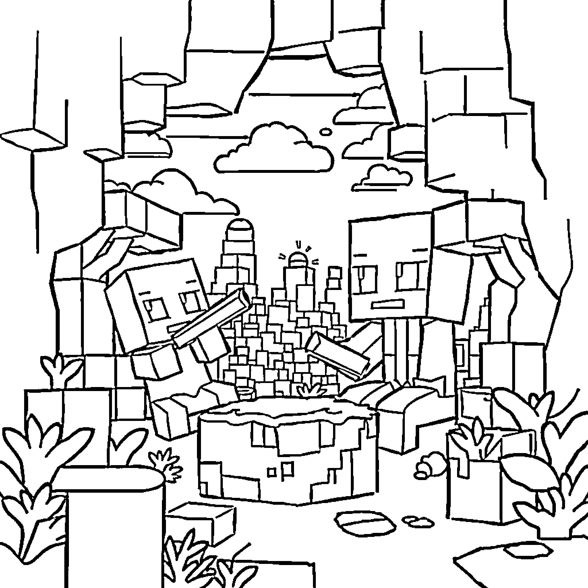 Squid Game: Surreal Urban Cityscape Illustration Coloring Page (free black-and-white line drawing printable PDF for all, from beginners to advanced learners, including children, teens, adults, and seniors)