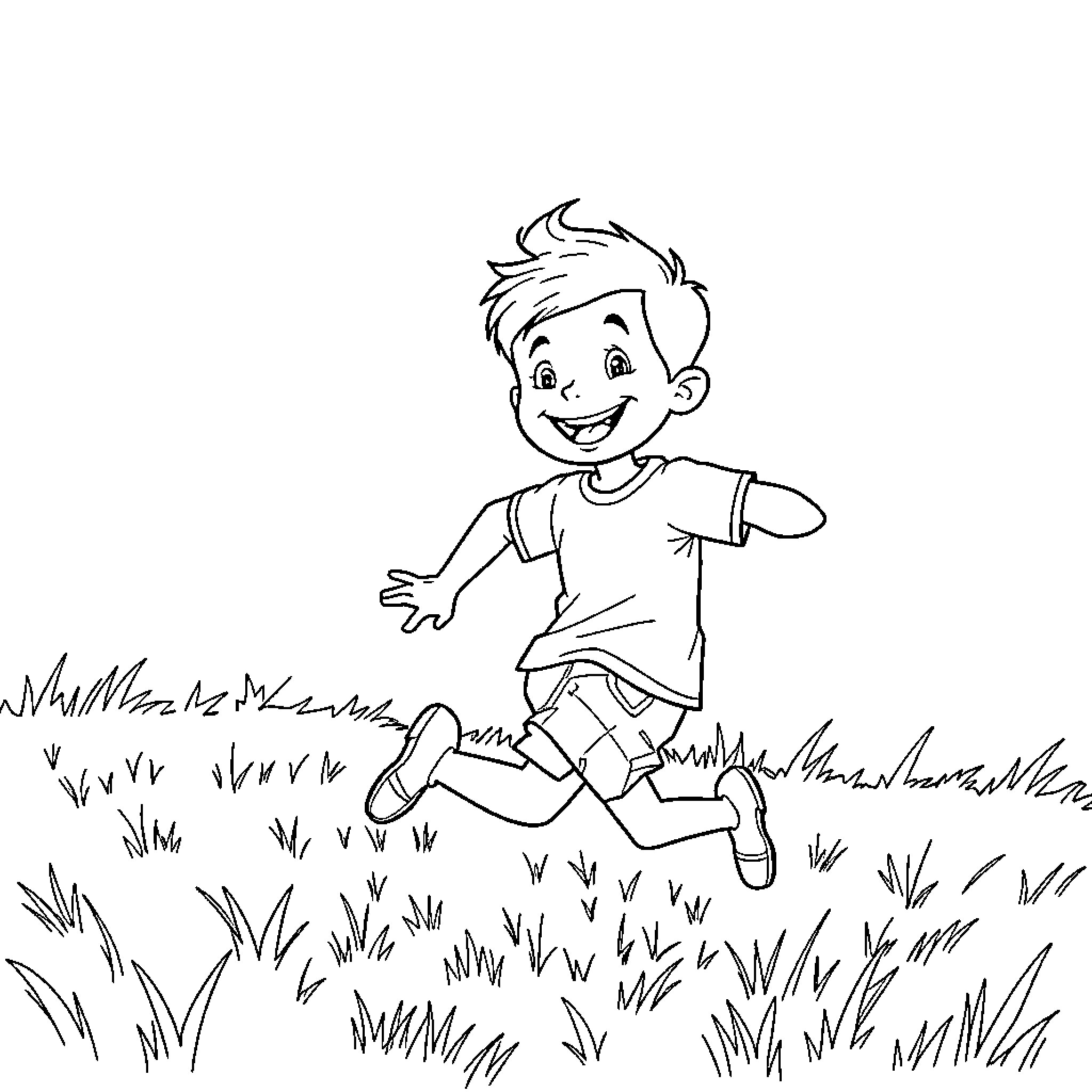 Kid running happily through the grass Coloring Page (free black-and-white line drawing printable PDF for all, from beginners to advanced learners, including children, teens, adults, and seniors)