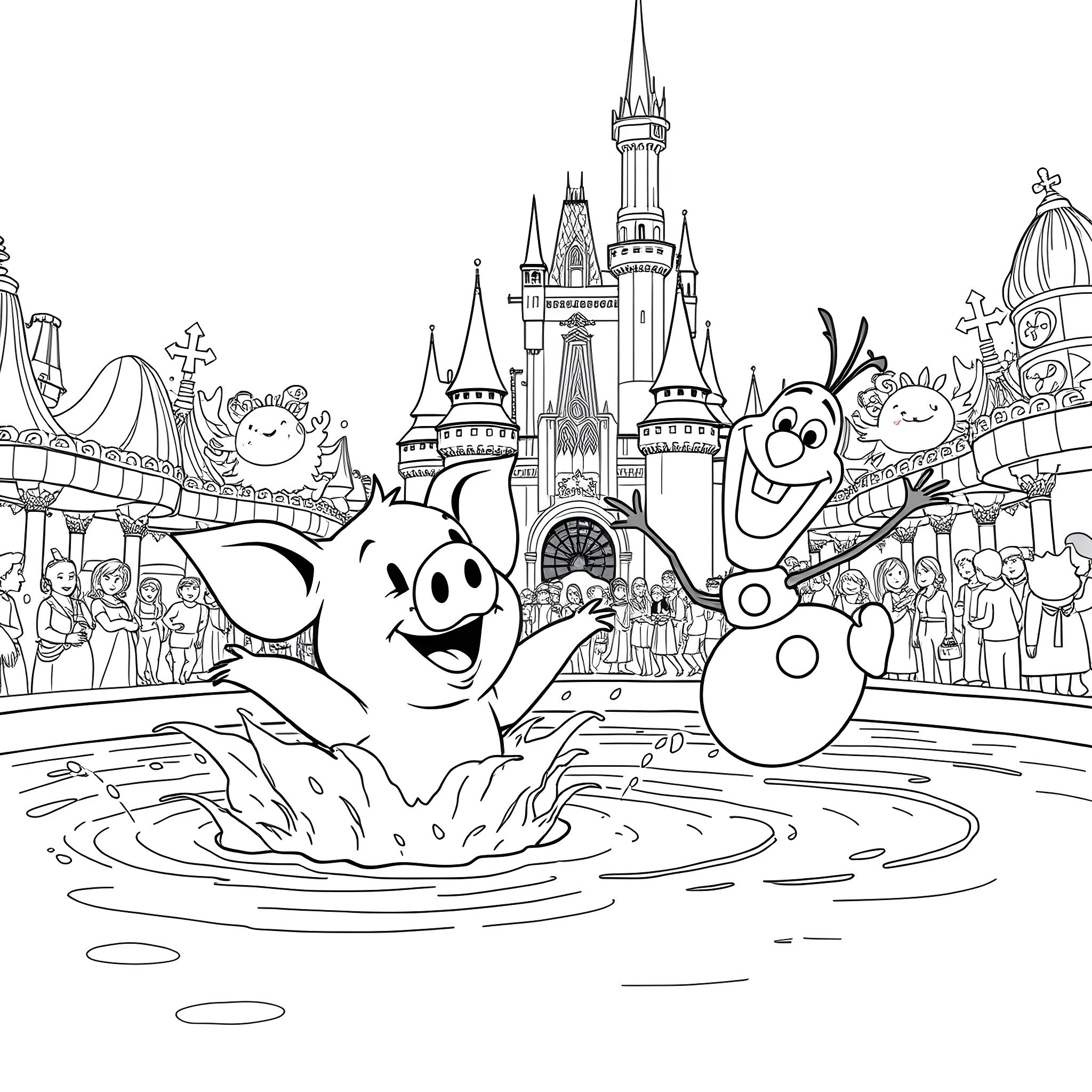 Pig characters having fun at the enchanted castle Coloring Page (free black-and-white line drawing printable PDF for all, from beginners to advanced learners, including children, teens, adults, and seniors)