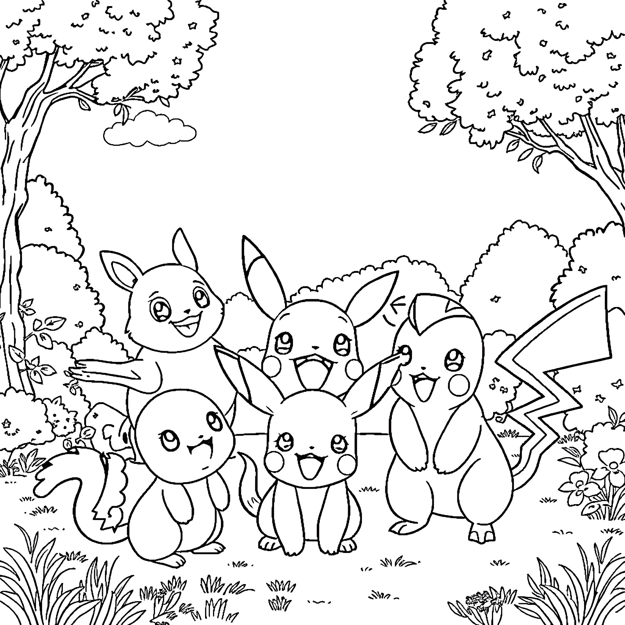 Critter friends playing in the forest Coloring Page (free black-and-white line drawing printable PDF for all, from beginners to advanced learners, including children, teens, adults, and seniors)