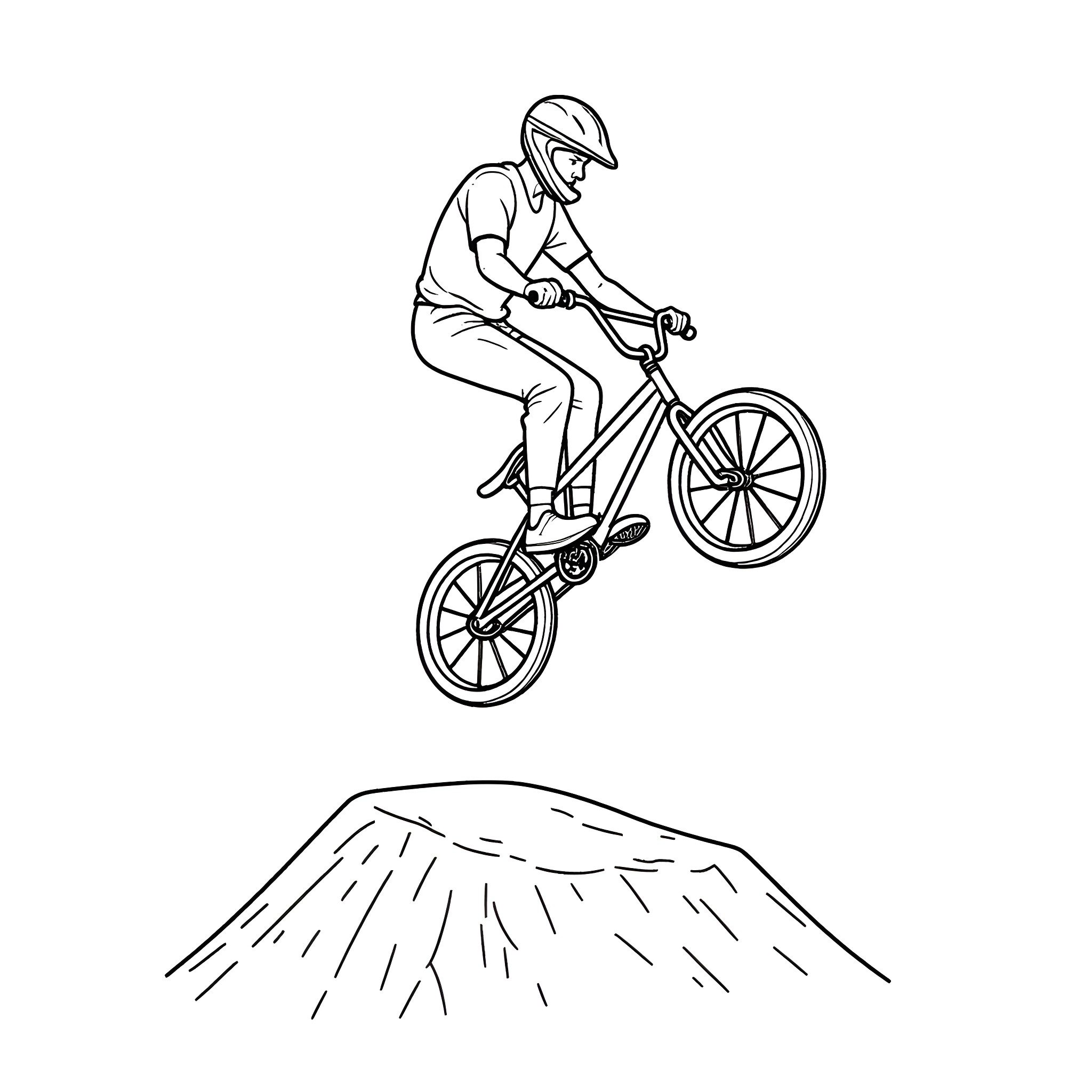 BMX Bike Rider Performing Stunts in the Mountains Coloring Page (free black-and-white line drawing printable PDF for all, from beginners to advanced learners, including children, teens, adults, and seniors)