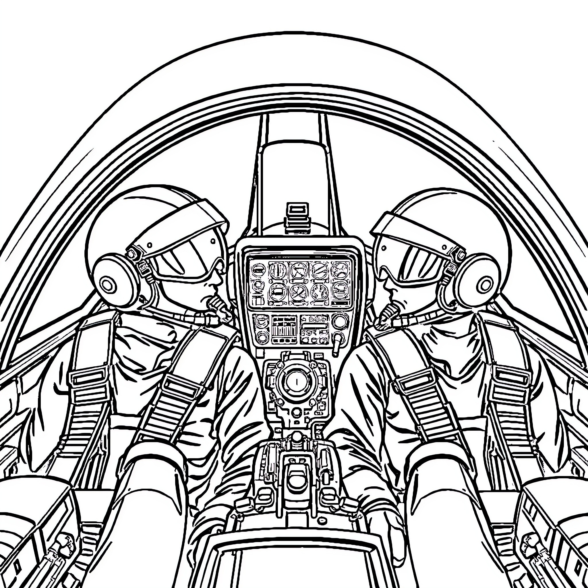 Pilot controls intricate spacecraft cockpit Coloring Page (free black-and-white line drawing printable PDF for all, from beginners to advanced learners, including children, teens, adults, and seniors)