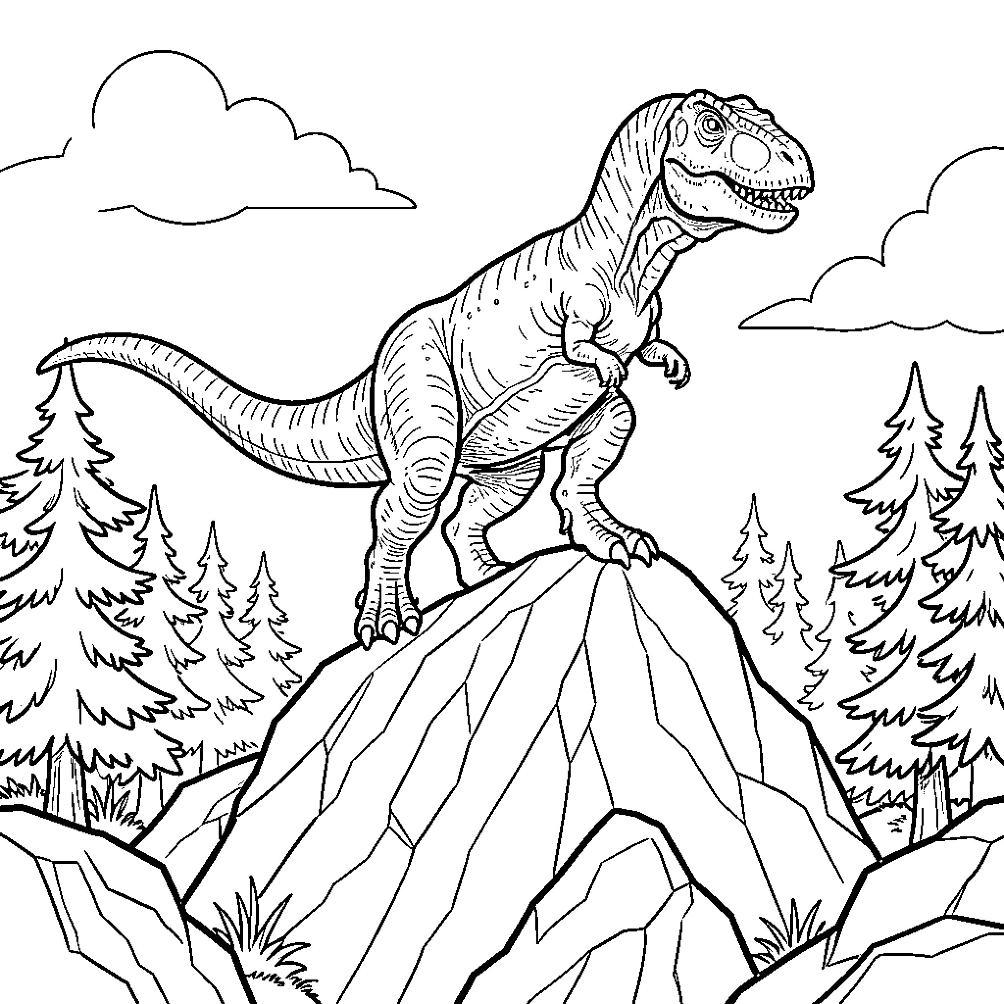 Dinosaur standing majestically on top of a large rock Coloring Page (free black-and-white line drawing printable PDF for all, from beginners to advanced learners, including children, teens, adults, and seniors)