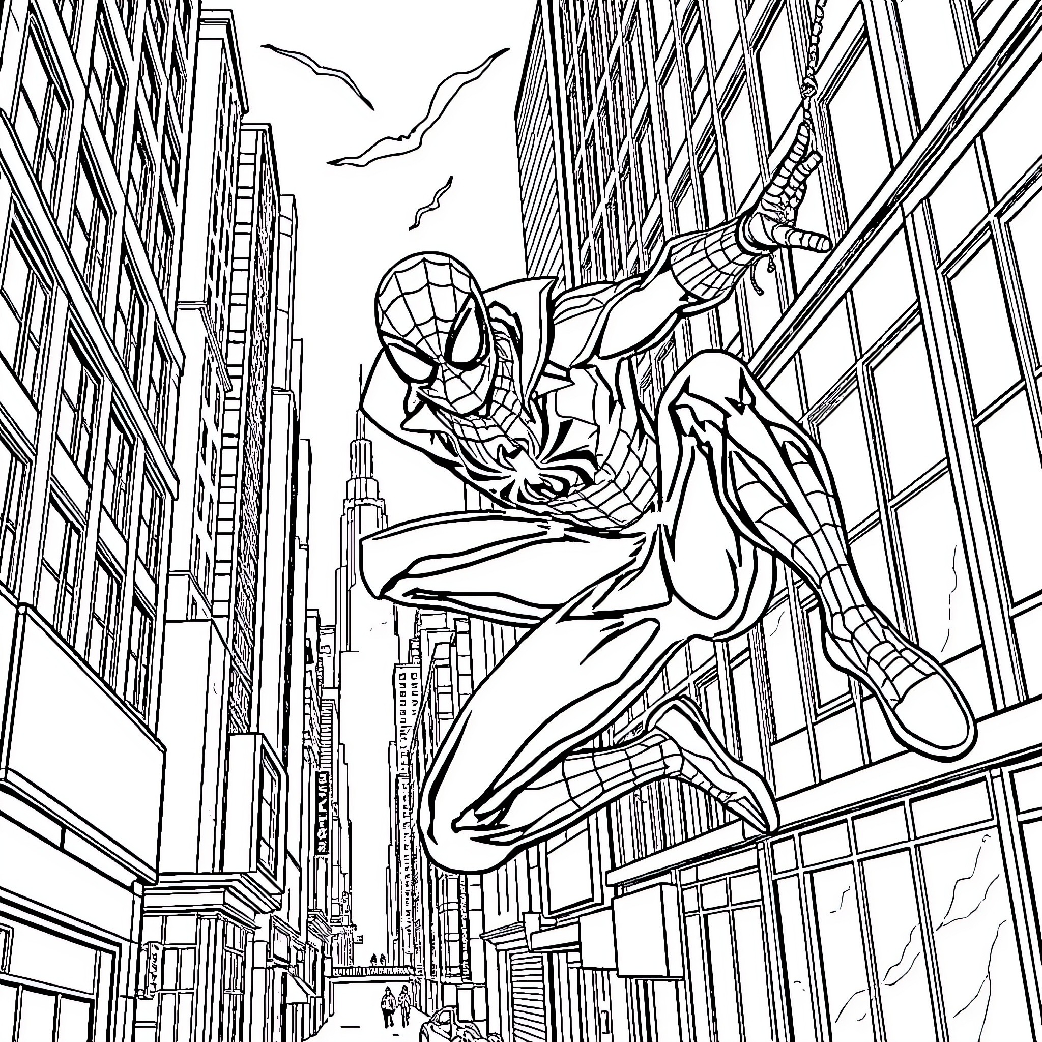 Spider-Man swinging through the city skyline Coloring Page (free black-and-white line drawing printable PDF for all, from beginners to advanced learners, including children, teens, adults, and seniors)