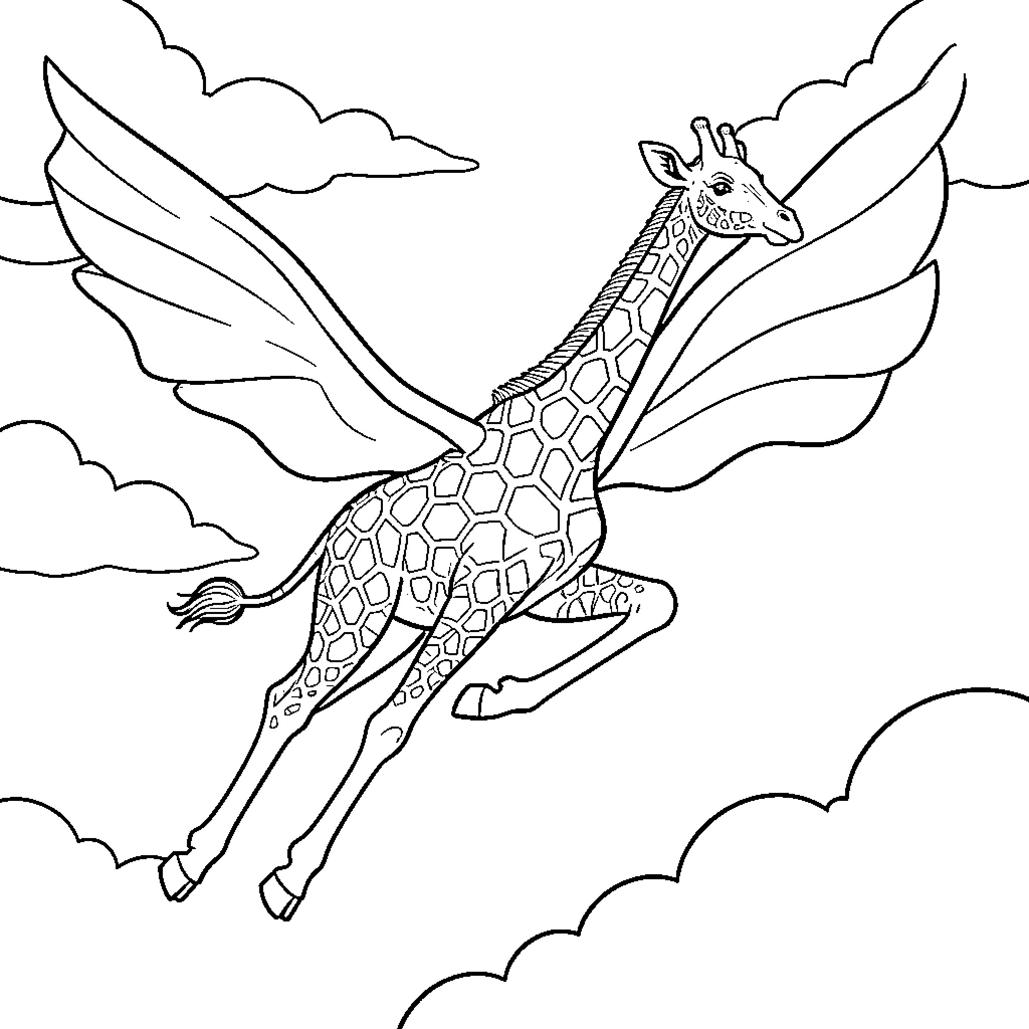 Giraffe taking flight through the clouds Coloring Page (free black-and-white line drawing printable PDF for all, from beginners to advanced learners, including children, teens, adults, and seniors)